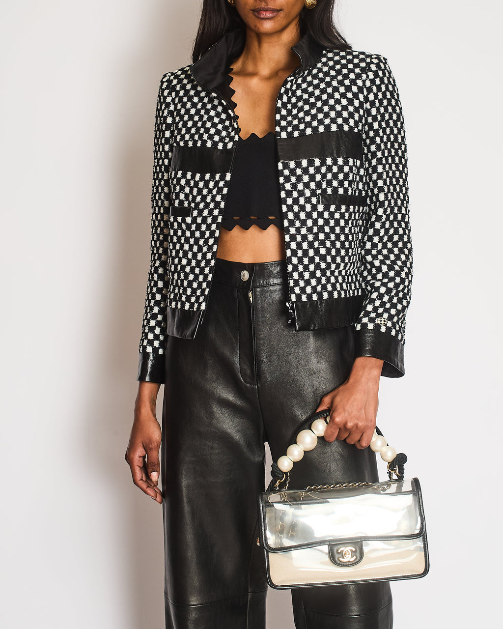 Chanel Black and White Checkered Jacket with Sequin Embellishments and Leather Trims with Black and White CC Logo Button Detail Size FR 36 (UK 8)