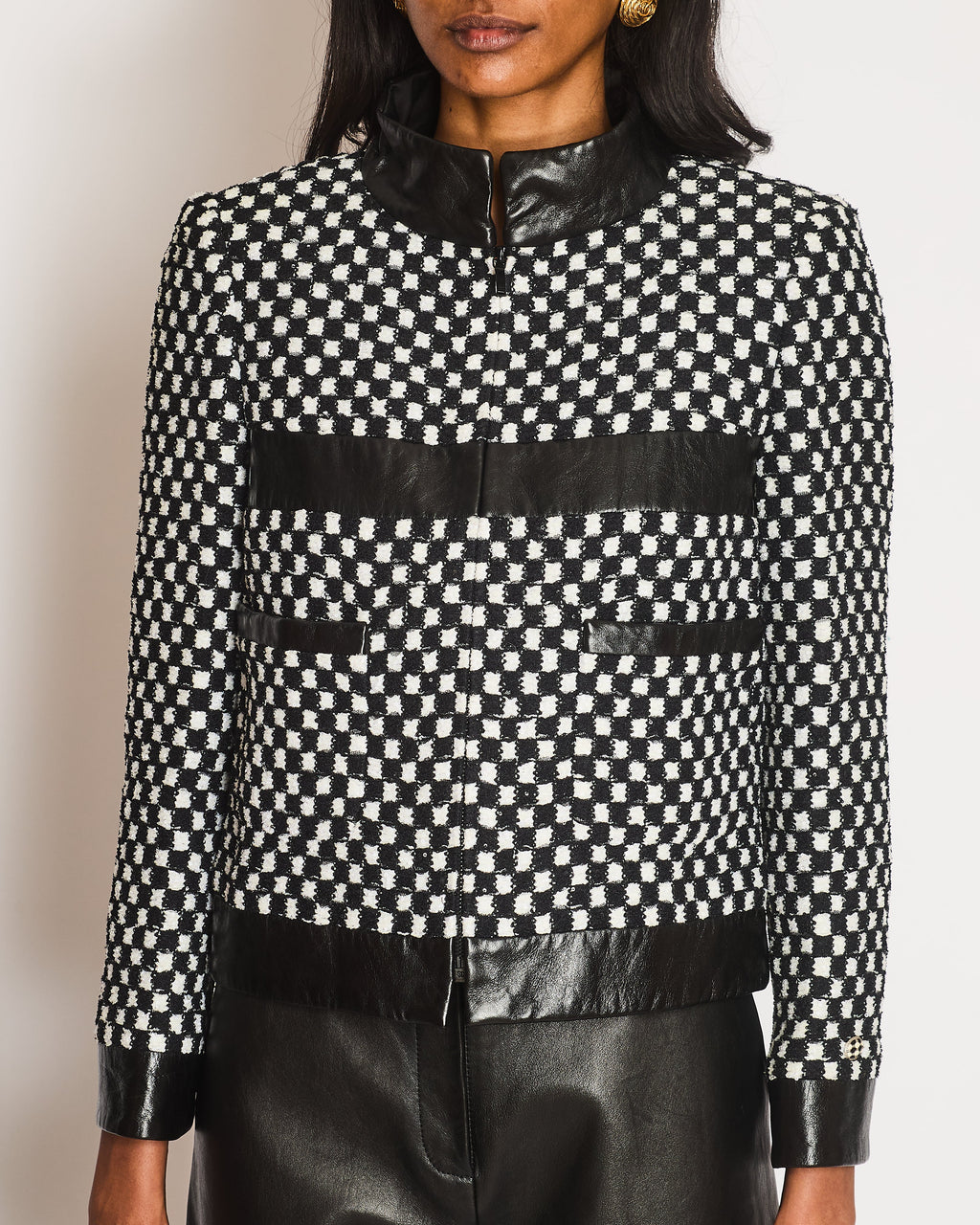 Chanel Black and White Checkered Jacket with Sequin Embellishments and Leather Trims with Black and White CC Logo Button Detail Size FR 36 (UK 8)