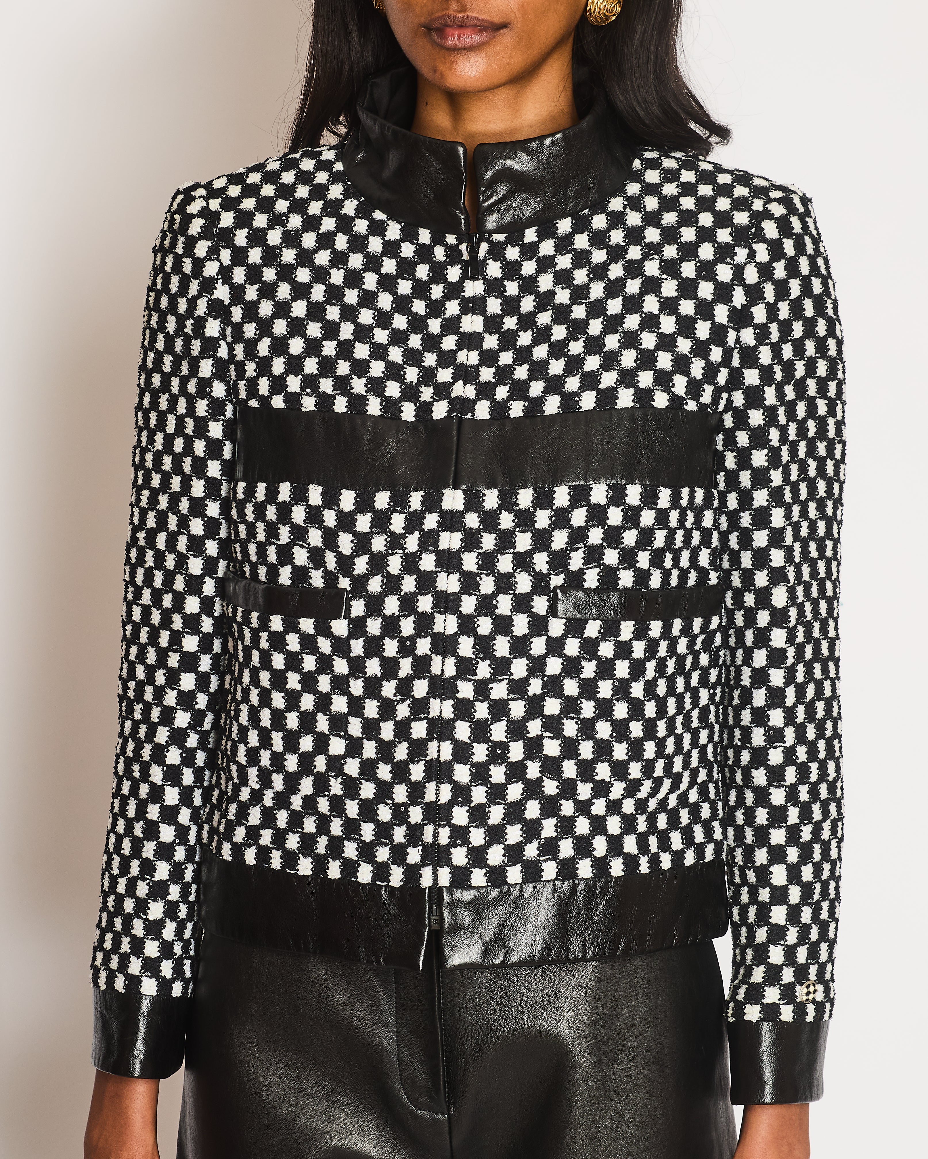 Chanel Black and White Checkered Jacket with Sequin Embellishments and Leather Trims with Black and White CC Logo Button Detail Size FR 36 (UK 8)