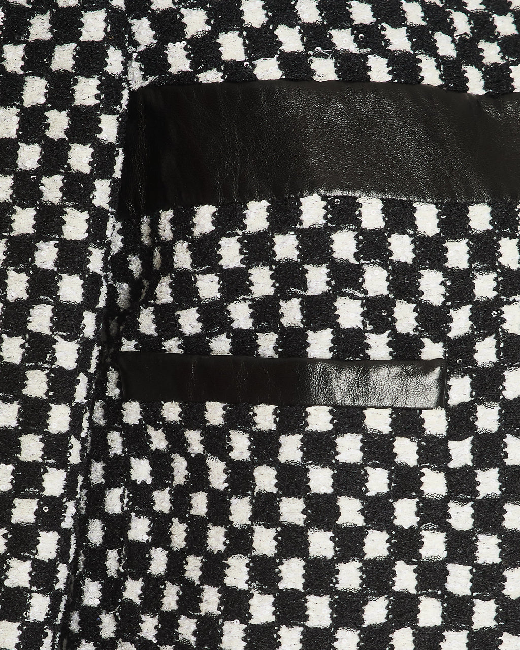 Chanel Black and White Checkered Jacket with Sequin Embellishments and Leather Trims with Black and White CC Logo Button Detail Size FR 36 (UK 8)