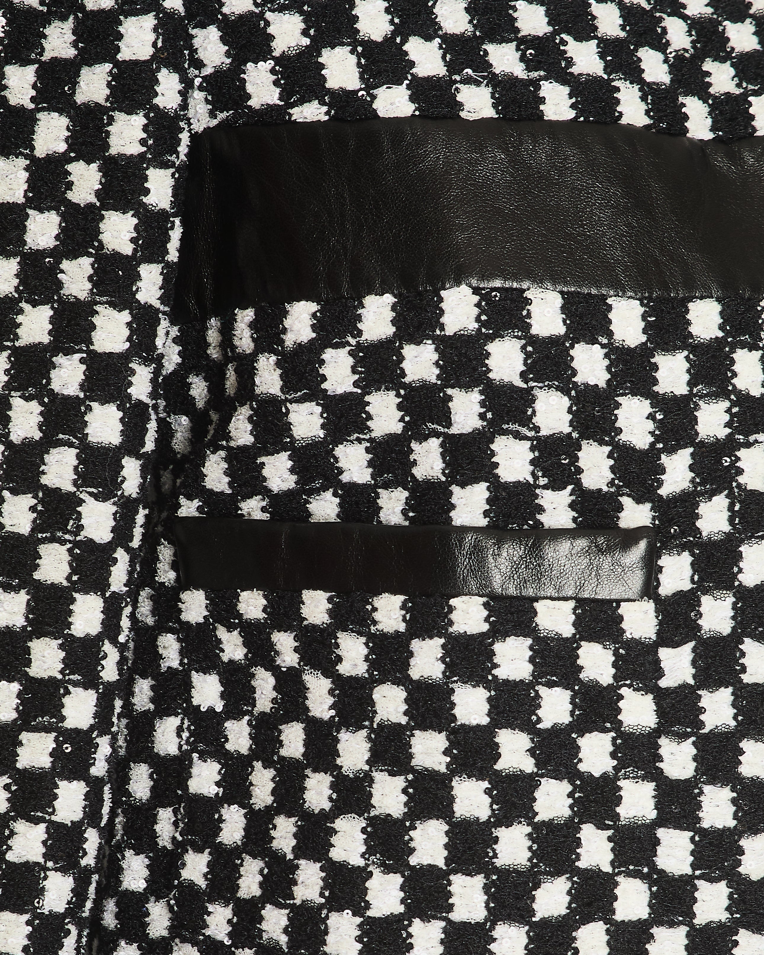 Chanel Black and White Checkered Jacket with Sequin Embellishments and Leather Trims with Black and White CC Logo Button Detail Size FR 36 (UK 8)