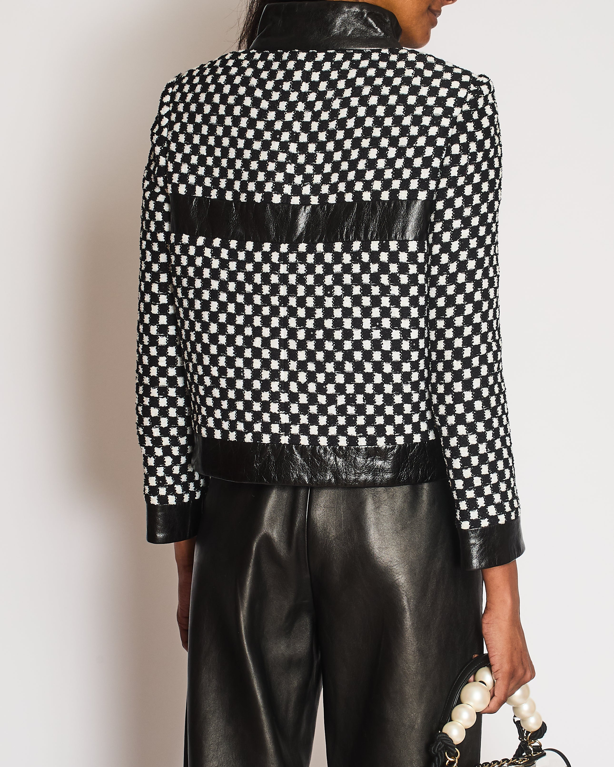 Chanel Black and White Checkered Jacket with Sequin Embellishments and Leather Trims with Black and White CC Logo Button Detail Size FR 36 (UK 8)