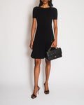 Chanel Black Wool and Cashmere Blend Ribbed Short-Sleeved Mini Dress with Navy Shoulder Details and Silver Textured CC Logo Button Detail Size FR 34 (UK 6)
