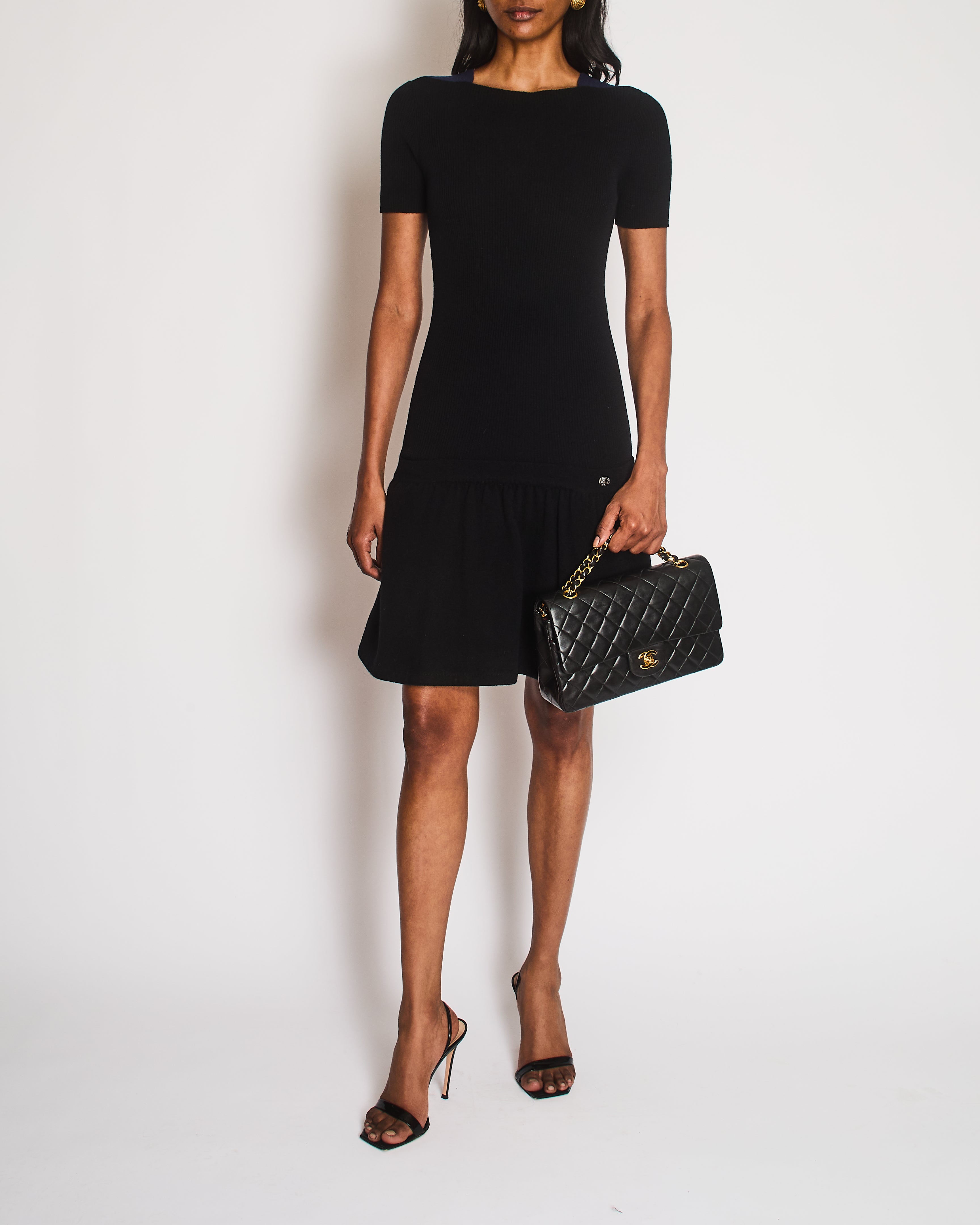 Chanel Black Wool and Cashmere Blend Ribbed Short-Sleeved Mini Dress with Navy Shoulder Details and Silver Textured CC Logo Button Detail Size FR 34 (UK 6)