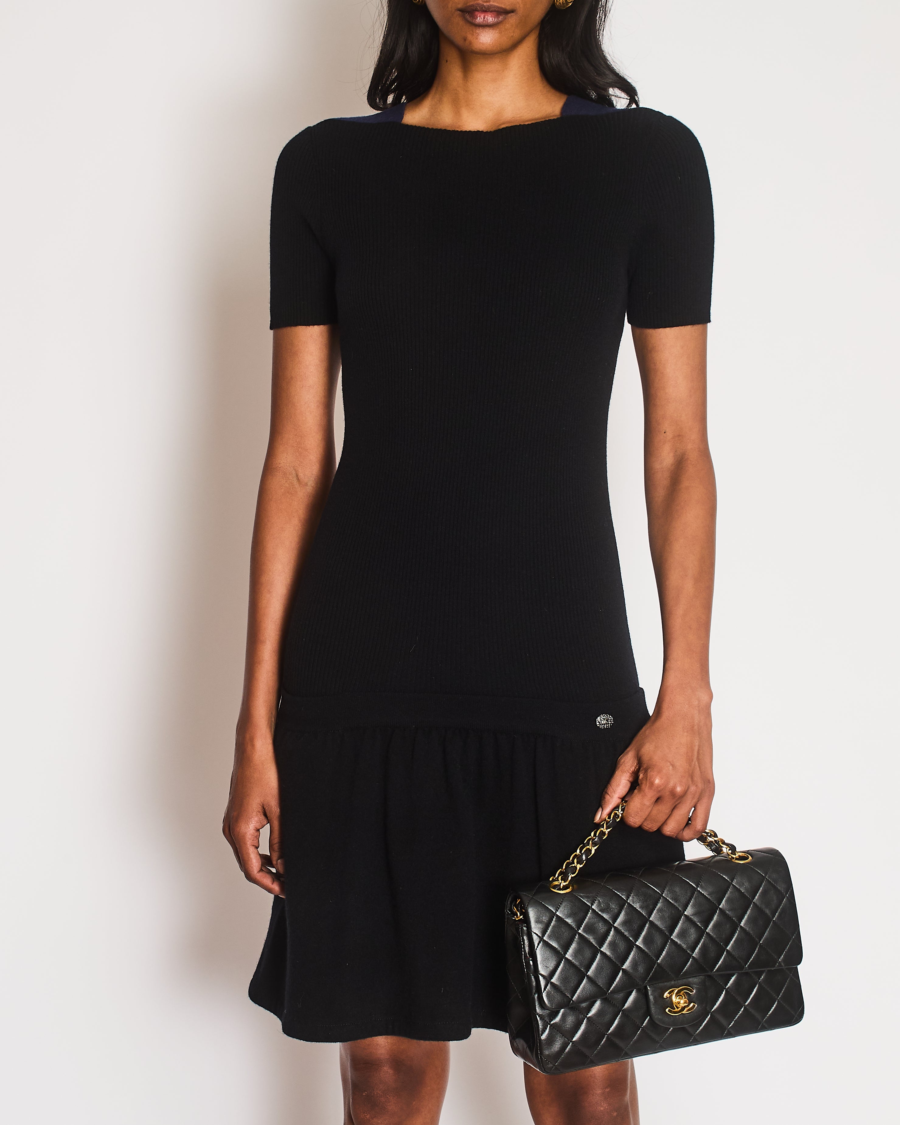 Chanel Black Wool and Cashmere Blend Ribbed Short-Sleeved Mini Dress with Navy Shoulder Details and Silver Textured CC Logo Button Detail Size FR 34 (UK 6)