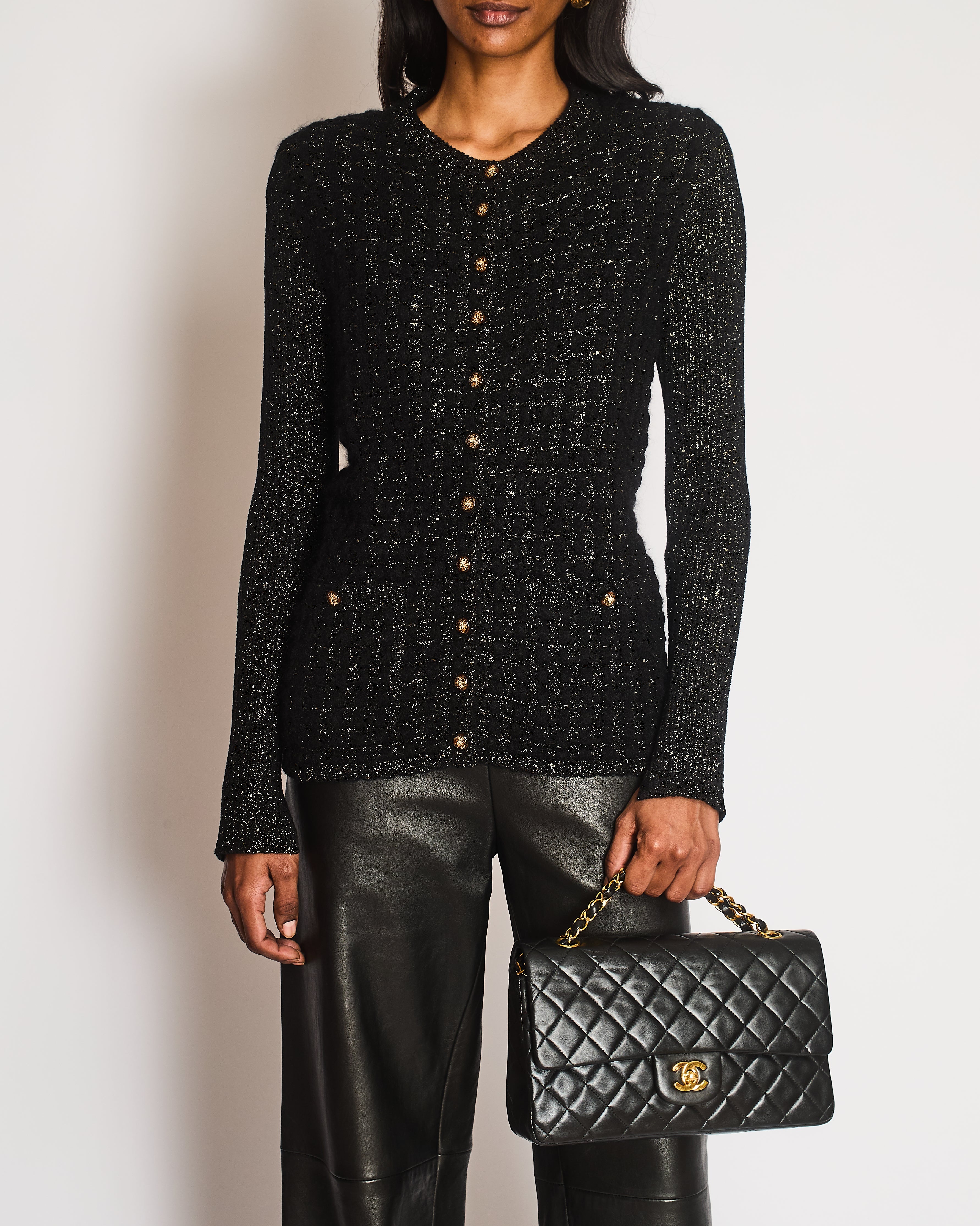 Chanel Black and Gold Metallic Cardigan with Gold Lion CC Logo Buttons Size FR 38 (UK 10)