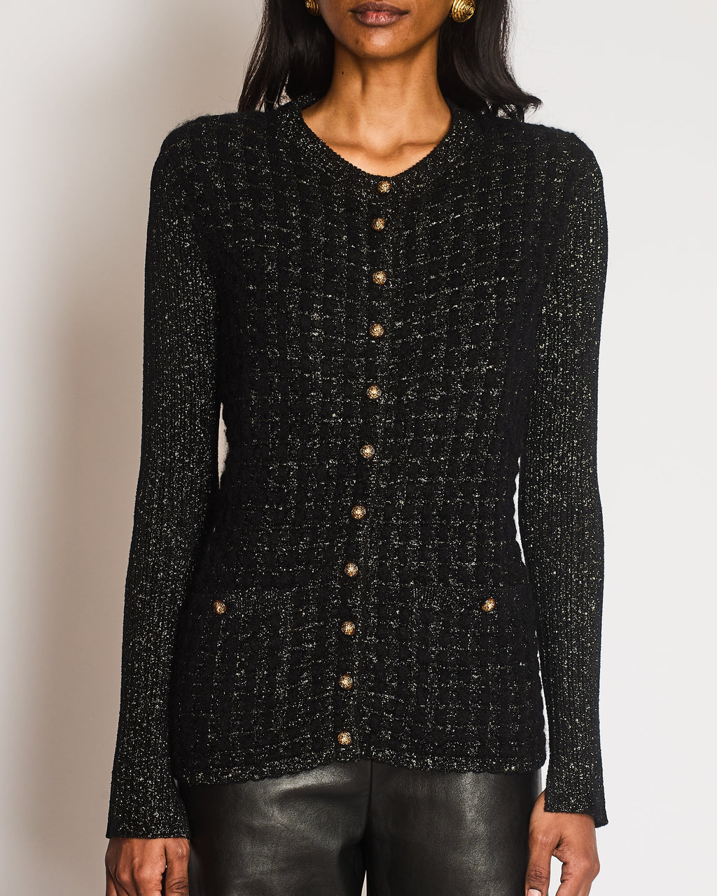 Chanel Black and Gold Metallic Cardigan with Gold Lion CC Logo Buttons Size FR 38 (UK 10)