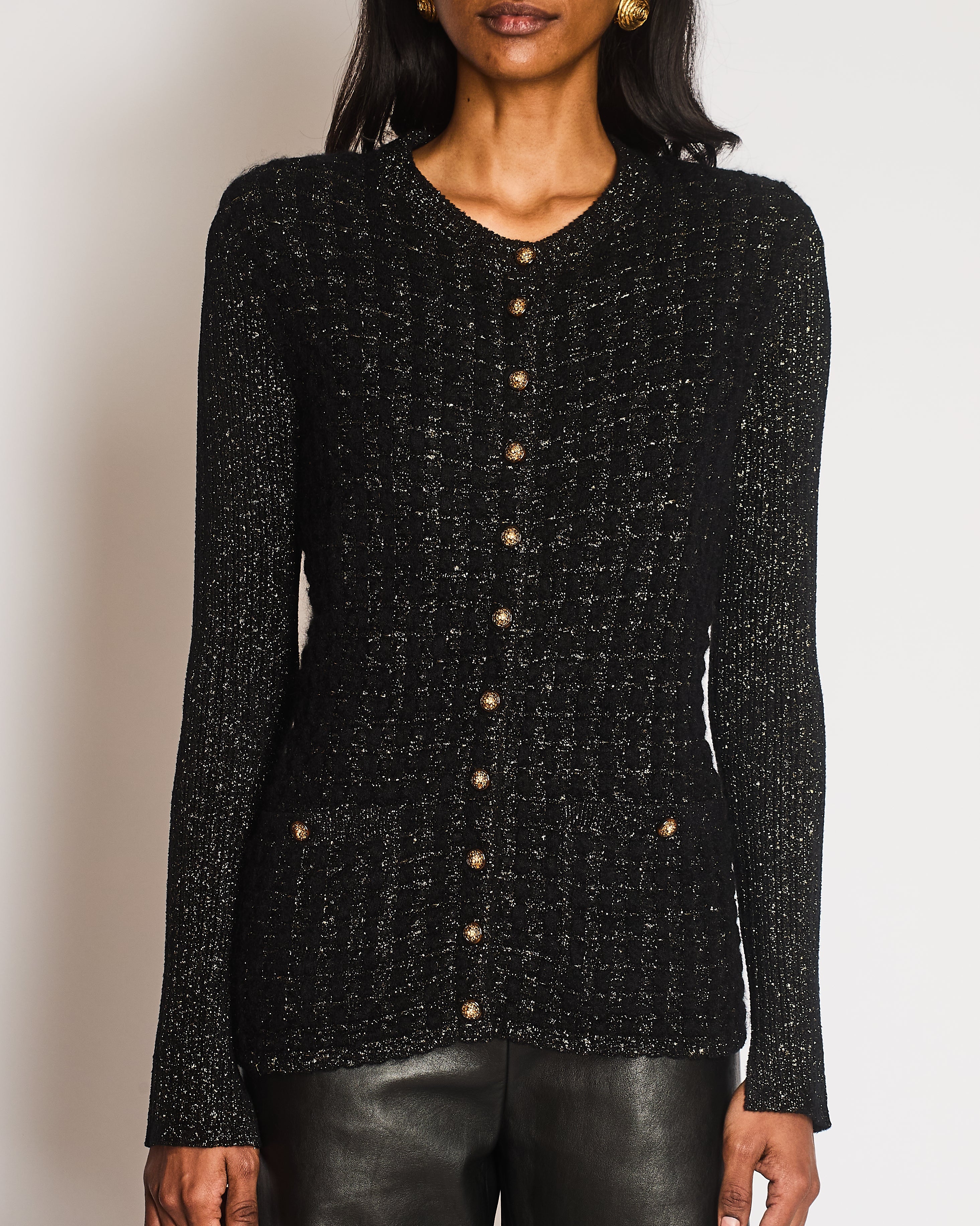 Chanel Black and Gold Metallic Cardigan with Gold Lion CC Logo Buttons Size FR 38 (UK 10)