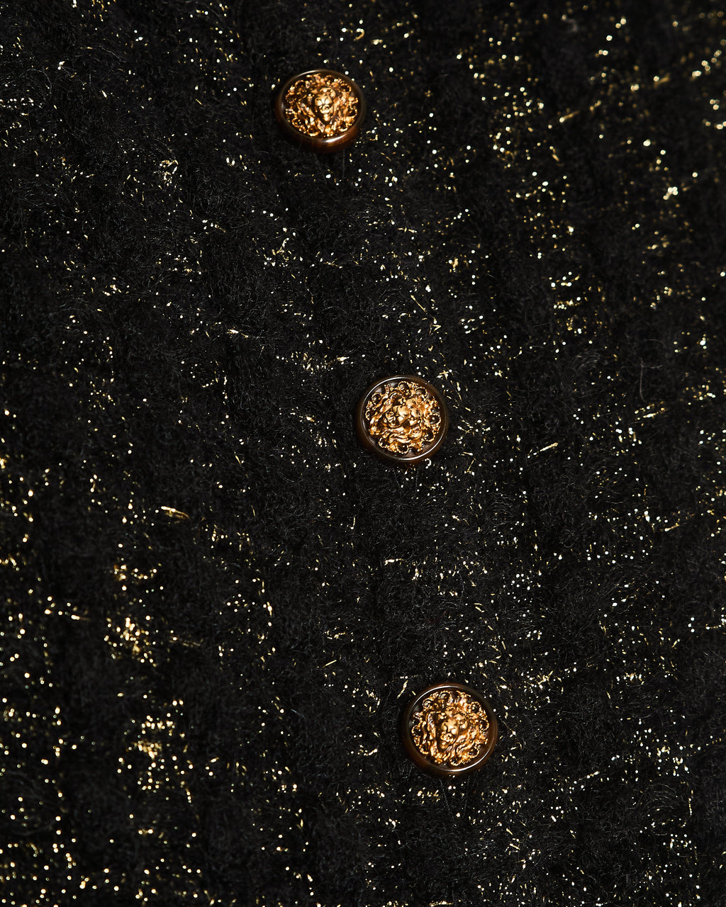 Chanel Black and Gold Metallic Cardigan with Gold Lion CC Logo Buttons Size FR 38 (UK 10)