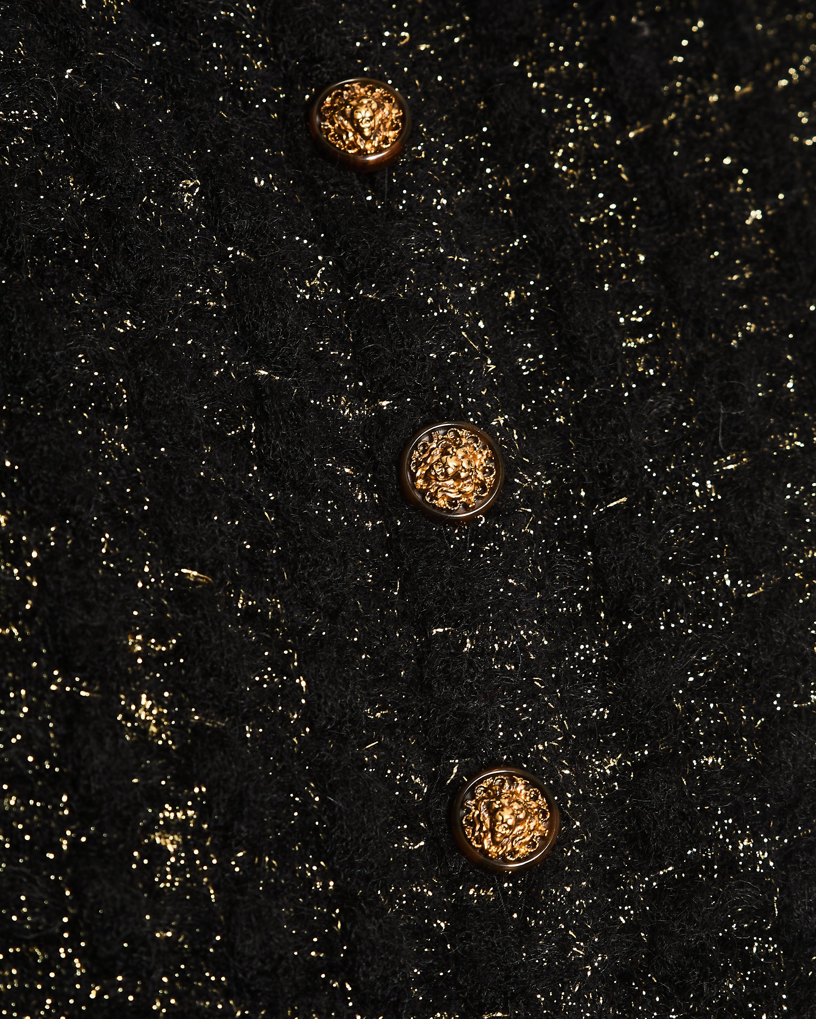 Chanel Black and Gold Metallic Cardigan with Gold Lion CC Logo Buttons Size FR 38 (UK 10)