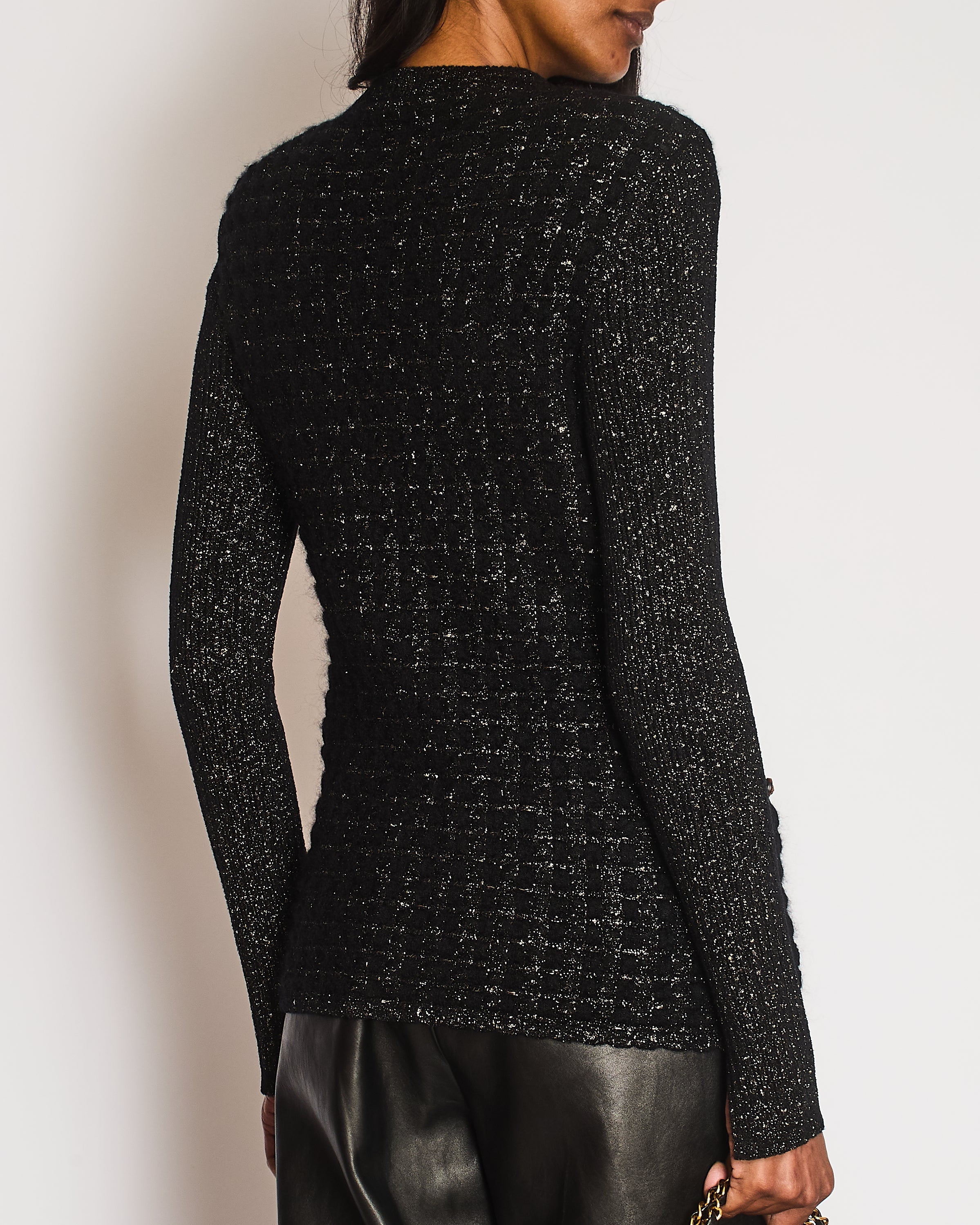 Chanel Black and Gold Metallic Cardigan with Gold Lion CC Logo Buttons Size FR 38 (UK 10)