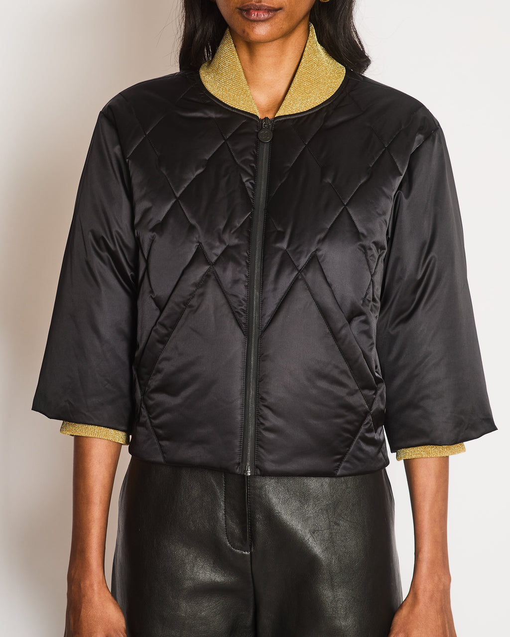 Chanel 17A Black Quilted Cropped Puffer Jacket with Gold Cuffs and Black CC Logo Zipper Size FR 36 (UK 8)