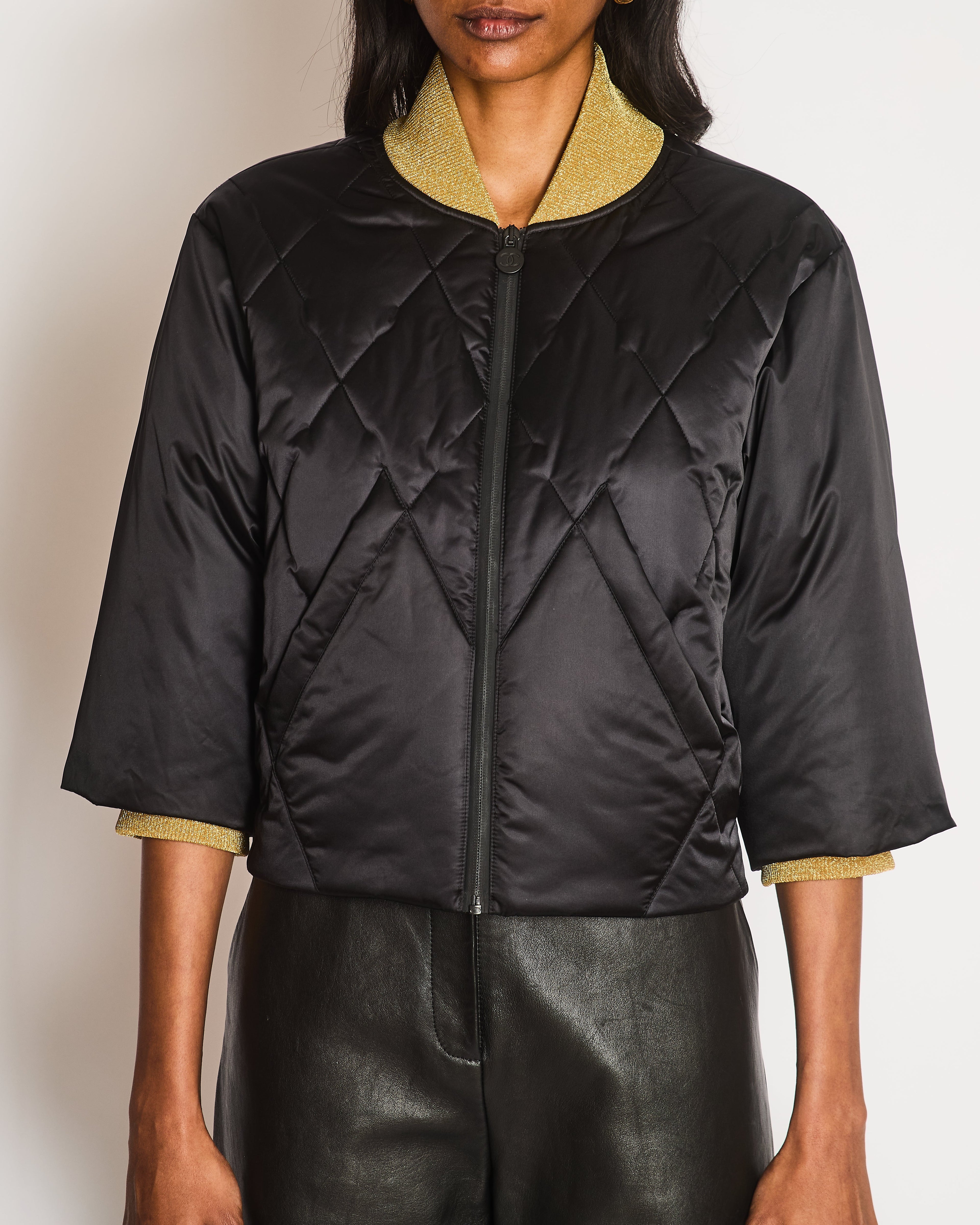 Chanel 17A Black Quilted Cropped Puffer Jacket with Gold Cuffs and Black CC Logo Zipper Size FR 36 (UK 8)