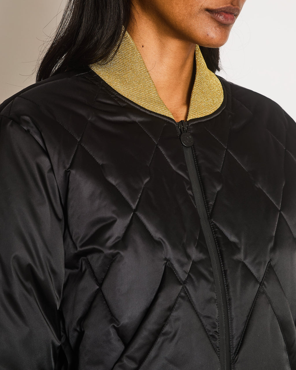 Chanel 17A Black Quilted Cropped Puffer Jacket with Gold Cuffs and Black CC Logo Zipper Size FR 36 (UK 8)