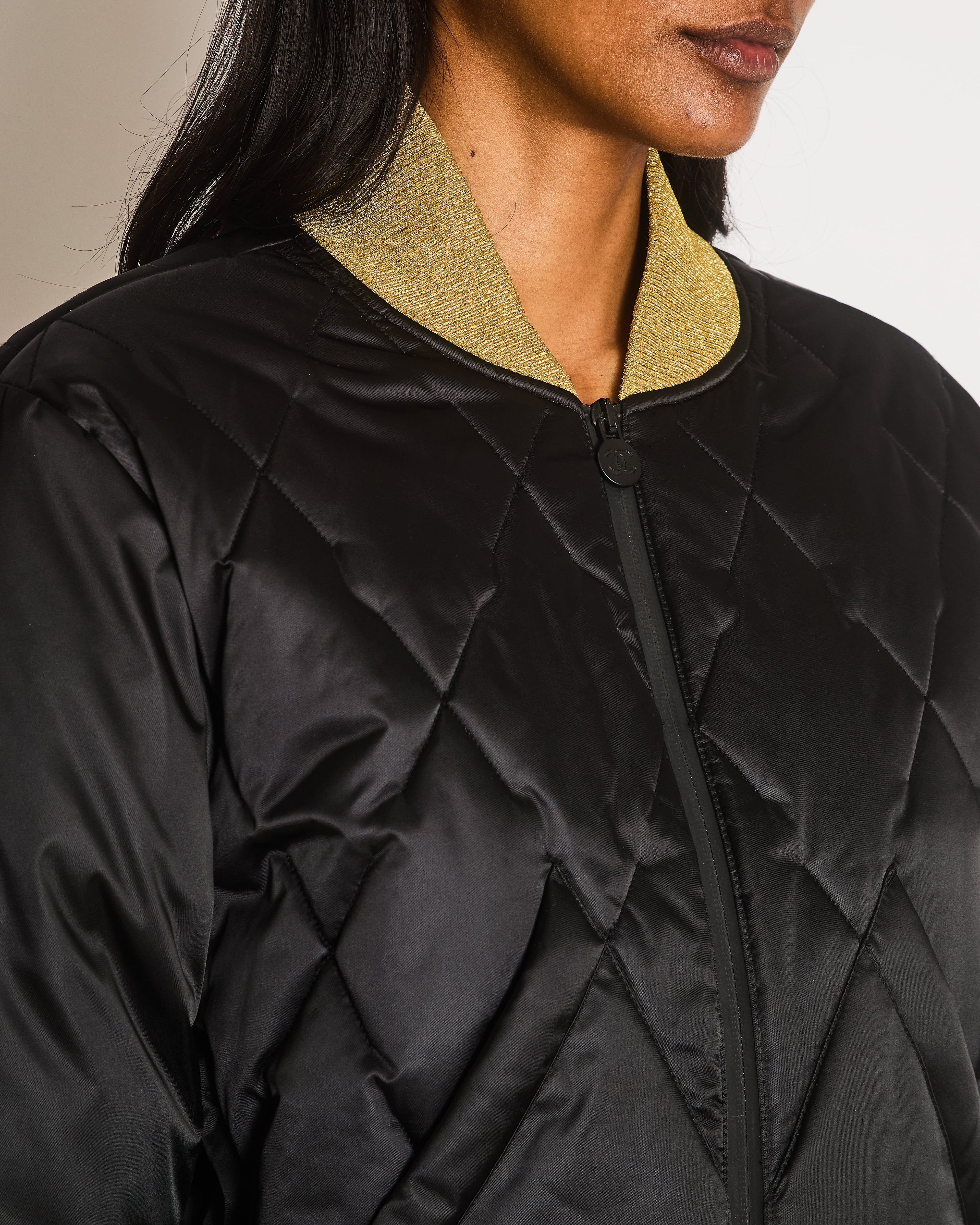 Chanel 17A Black Quilted Cropped Puffer Jacket with Gold Cuffs and Black CC Logo Zipper Size FR 36 (UK 8)