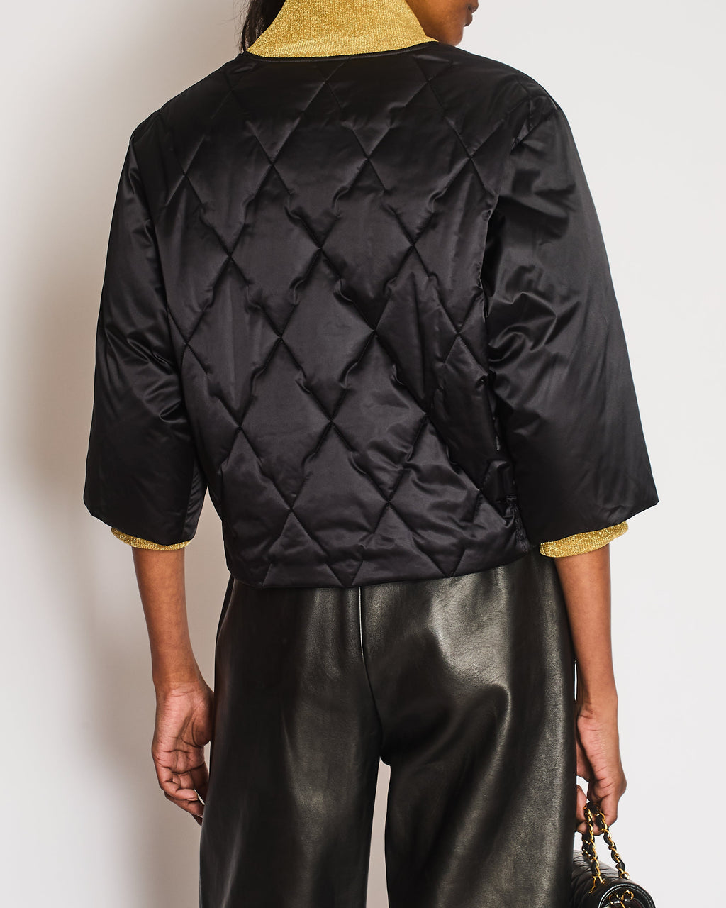 Chanel 17A Black Quilted Cropped Puffer Jacket with Gold Cuffs and Black CC Logo Zipper Size FR 36 (UK 8)