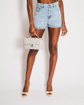 Chanel SS24 Blue Denim Shorts with Floral Embroideries and White Logo Back Patch with Silver Coco Button Detail Size FR 38 (UK 10)