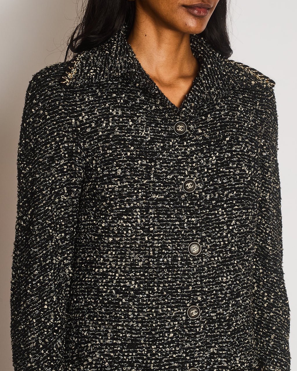 Chanel Fall 2011 Black and Gold Sequin Tweed Coat with Gold Chain Trim Detail and Black and Gold CC Logo Buttons Size FR 36 (UK 8)