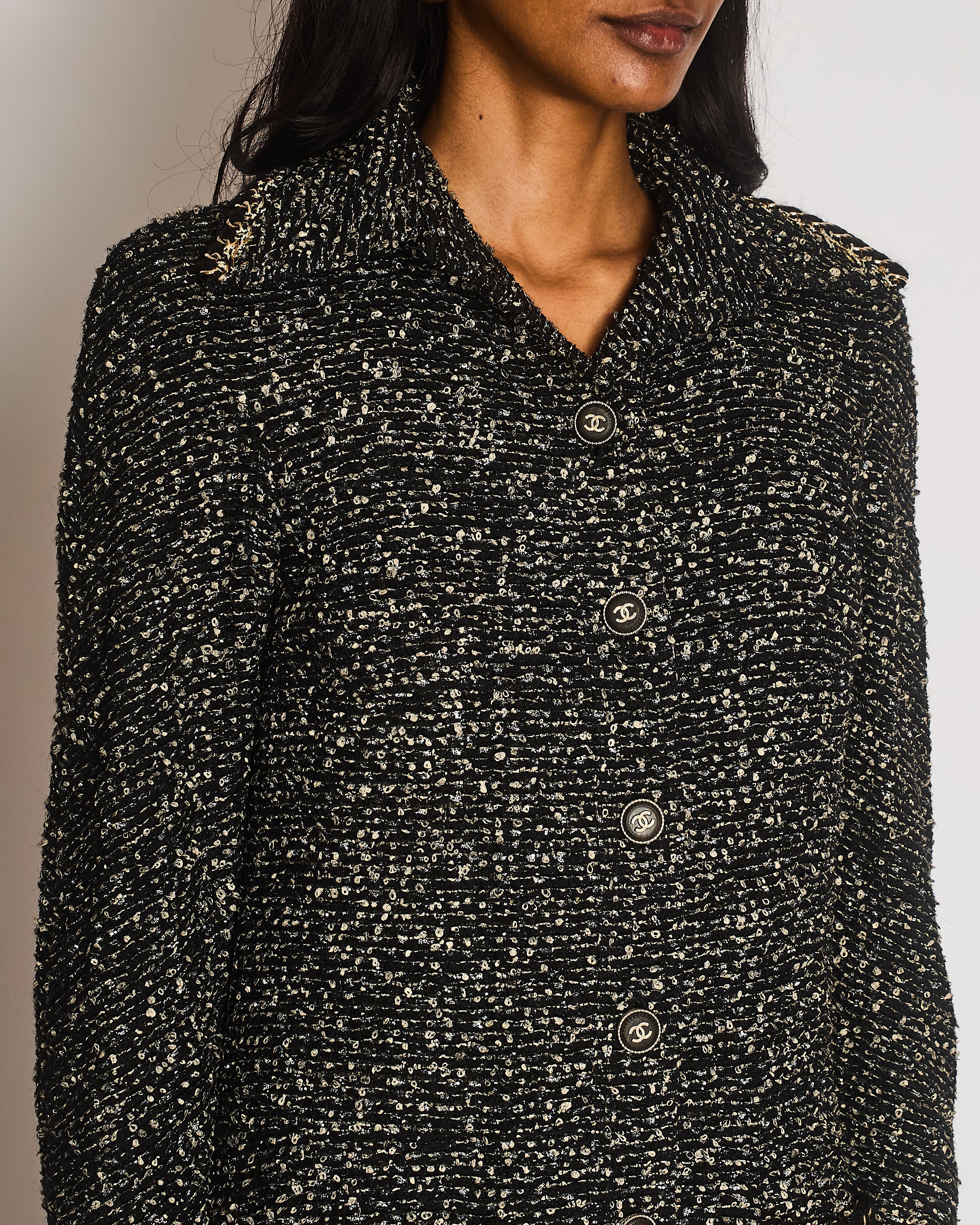 Chanel Fall 2011 Black and Gold Sequin Tweed Coat with Gold Chain Trim Detail and Black and Gold CC Logo Buttons Size FR 36 (UK 8)