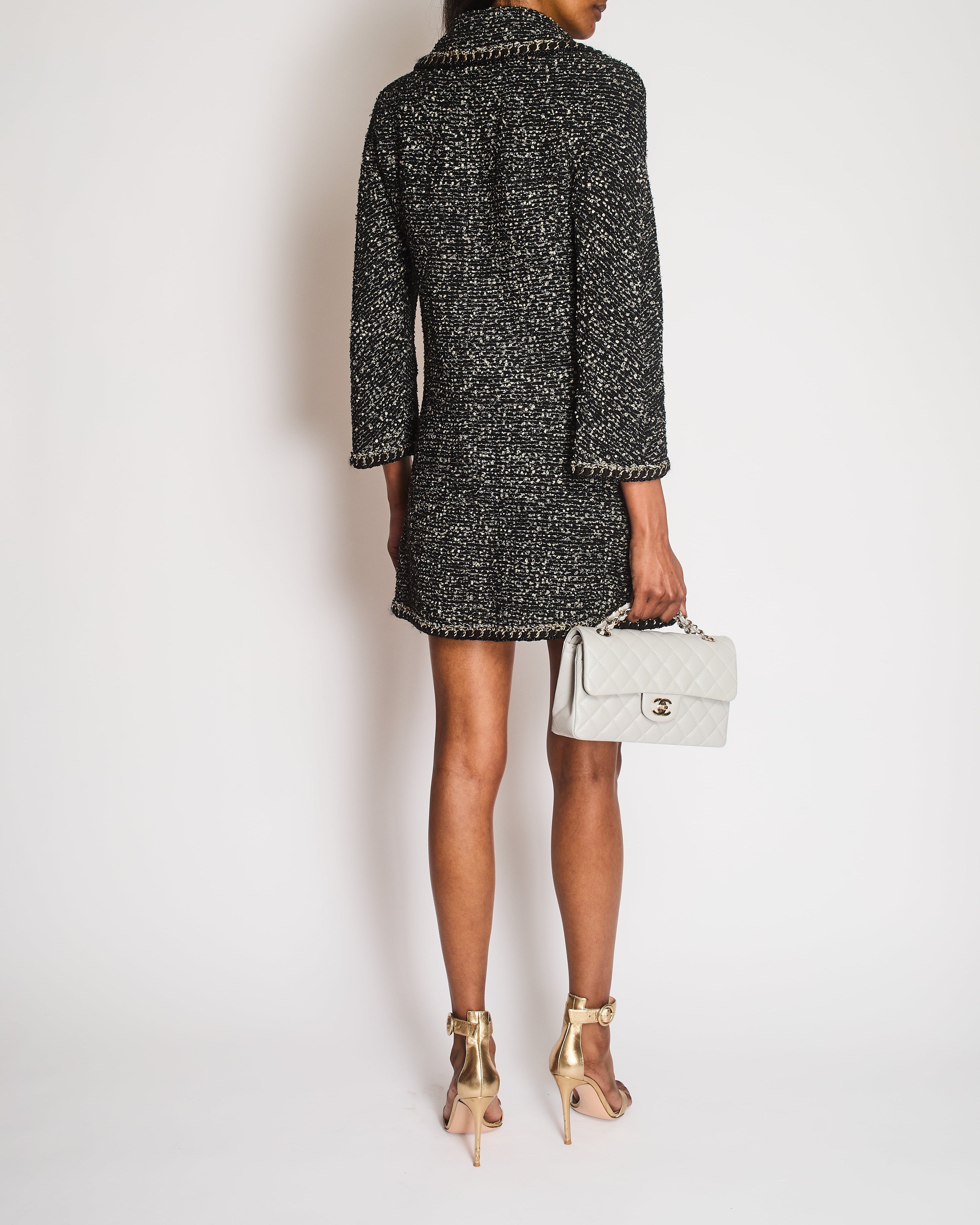 Chanel Fall 2011 Black and Gold Sequin Tweed Coat with Gold Chain Trim Detail and Black and Gold CC Logo Buttons Size FR 36 (UK 8)