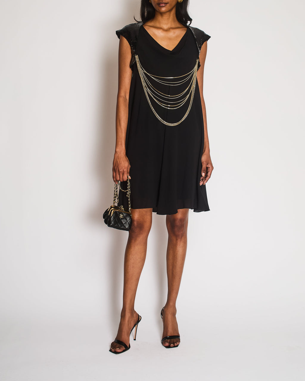 Chanel Vintage 07P Black Silk Mini Dress with Gold Chains and Sequin Shoulders with Silver CC Logo Zip Detail Size FR 34 (UK 6)