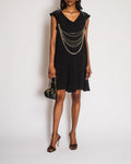 Chanel Vintage 07P Black Silk Mini Dress with Gold Chains and Sequin Shoulders with Silver CC Logo Zip Detail Size FR 34 (UK 6)