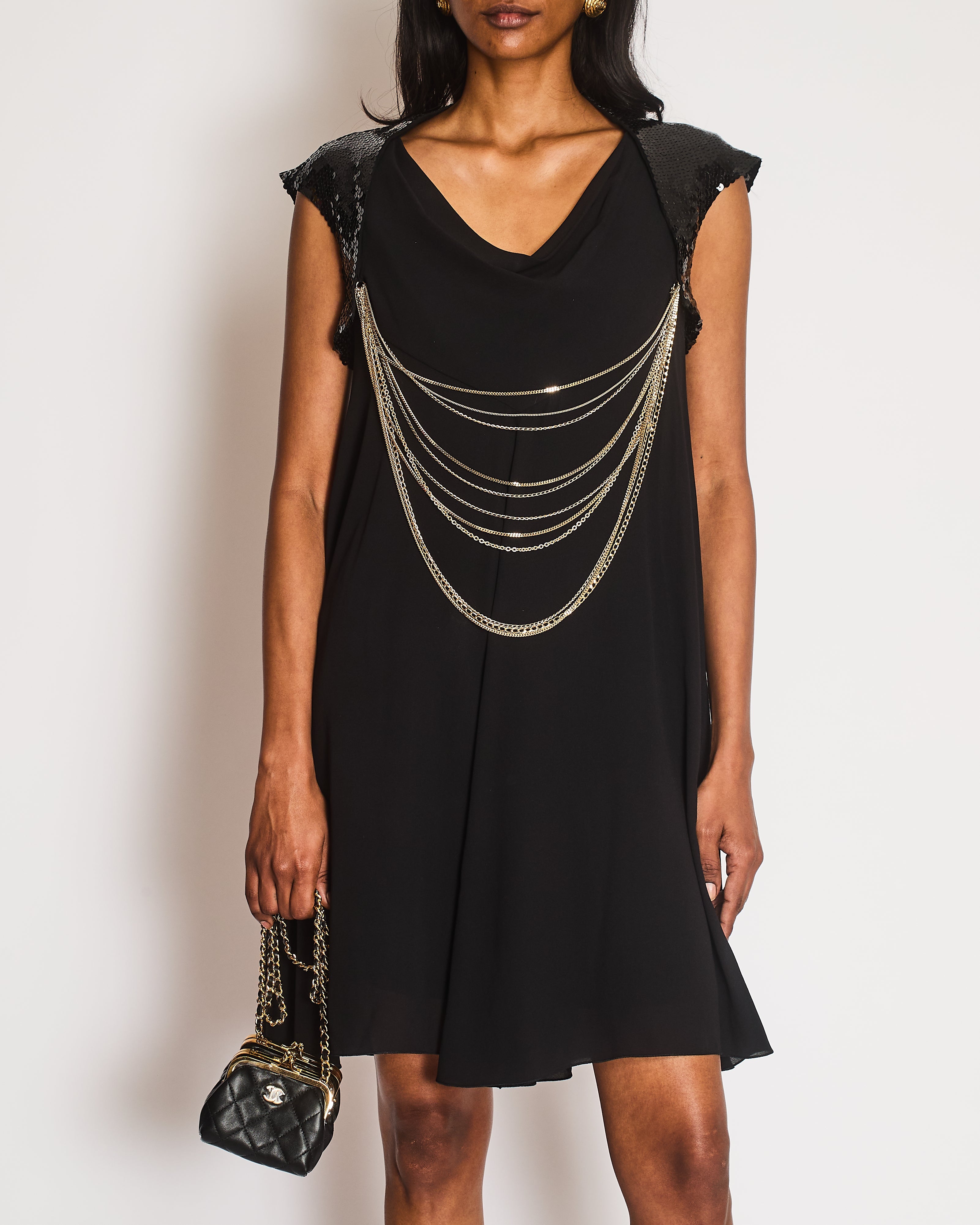 Chanel Vintage 07P Black Silk Mini Dress with Gold Chains and Sequin Shoulders with Silver CC Logo Zip Detail Size FR 34 (UK 6)