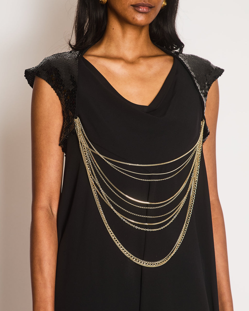 Chanel Vintage 07P Black Silk Mini Dress with Gold Chains and Sequin Shoulders with Silver CC Logo Zip Detail Size FR 34 (UK 6)