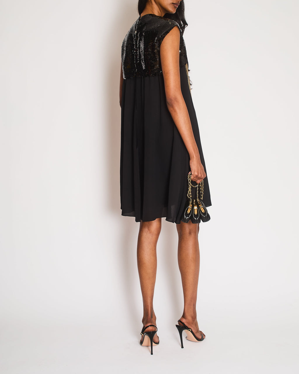 Chanel Vintage 07P Black Silk Mini Dress with Gold Chains and Sequin Shoulders with Silver CC Logo Zip Detail Size FR 34 (UK 6)