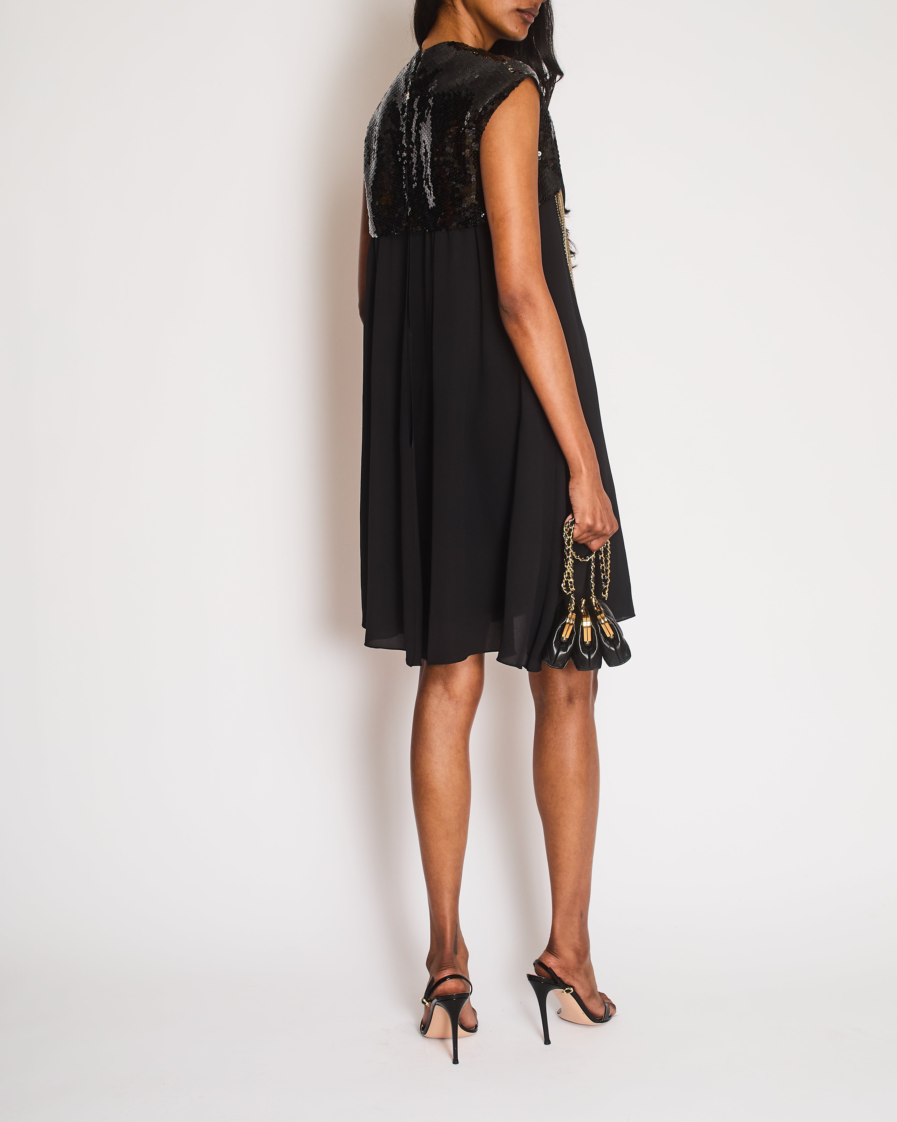 Chanel Vintage 07P Black Silk Mini Dress with Gold Chains and Sequin Shoulders with Silver CC Logo Zip Detail Size FR 34 (UK 6)