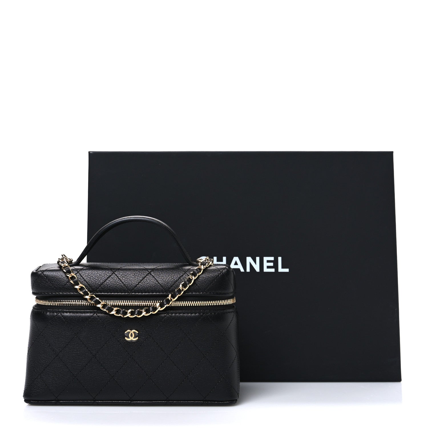 Chanel Goatskin Stitched Top Handle Slim Vanity With Chain Black