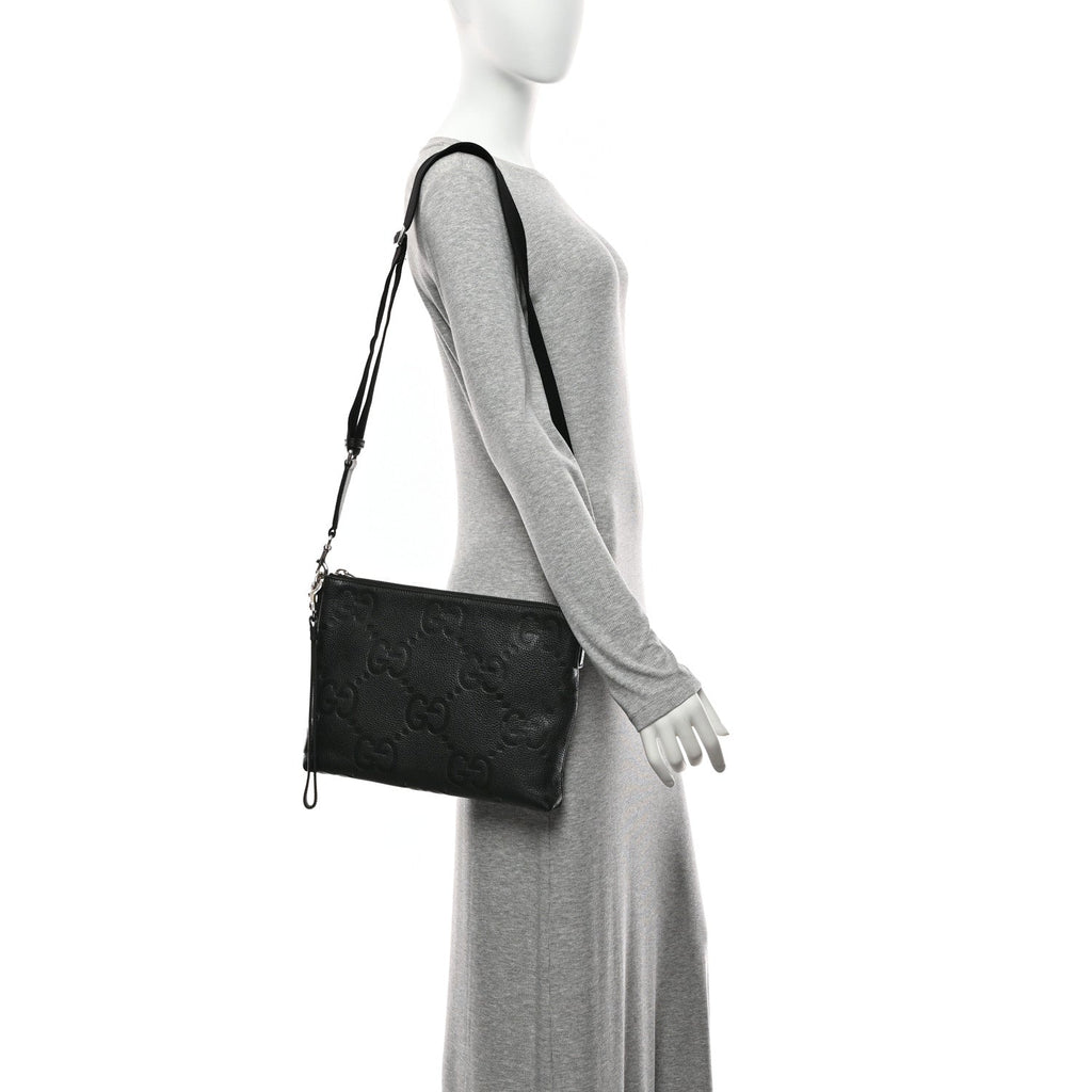 Gucci Piuma Calfskin Jumbo GG Embossed Medium Wristlet Messenger Bag Black