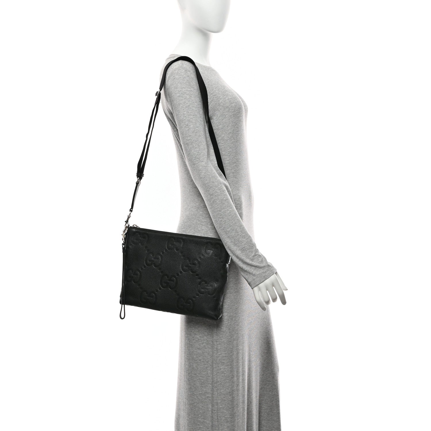 Gucci Piuma Calfskin Jumbo GG Embossed Medium Wristlet Messenger Bag Black