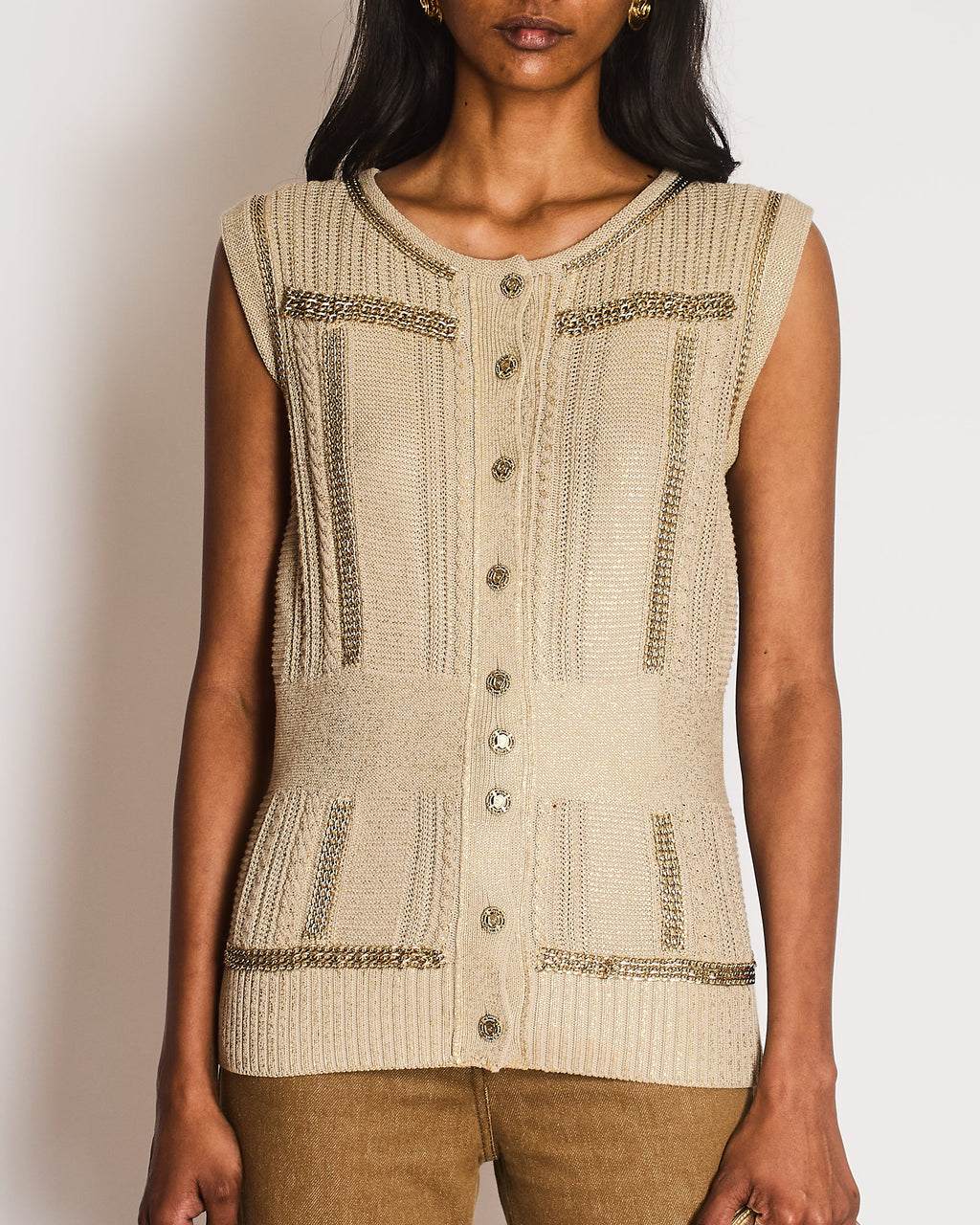 Chanel 08/P Beige Metallic Vest with Chain Trim Detail Size FR 42 (UK 14)