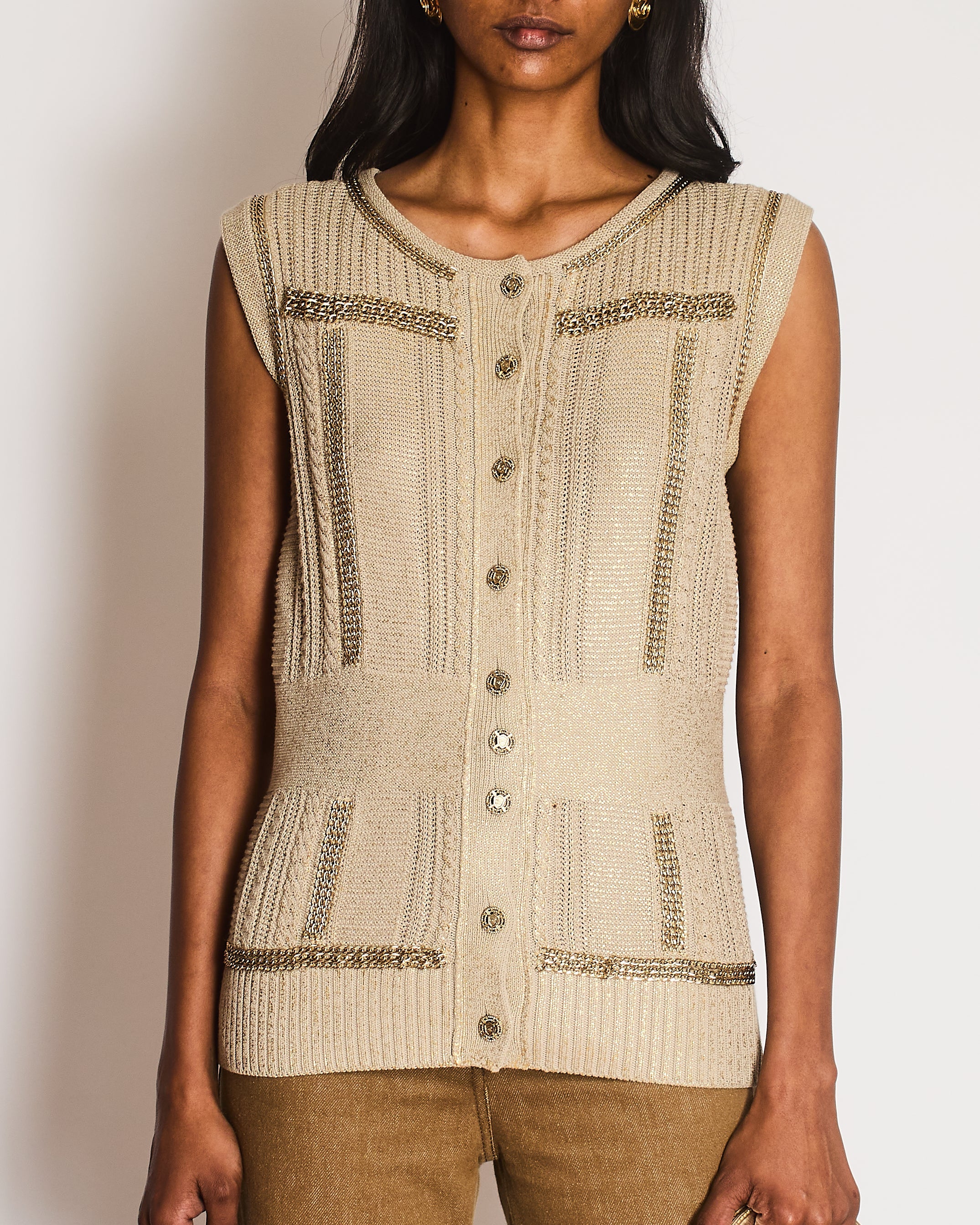 Chanel 08/P Beige Metallic Vest with Chain Trim Detail Size FR 42 (UK 14)
