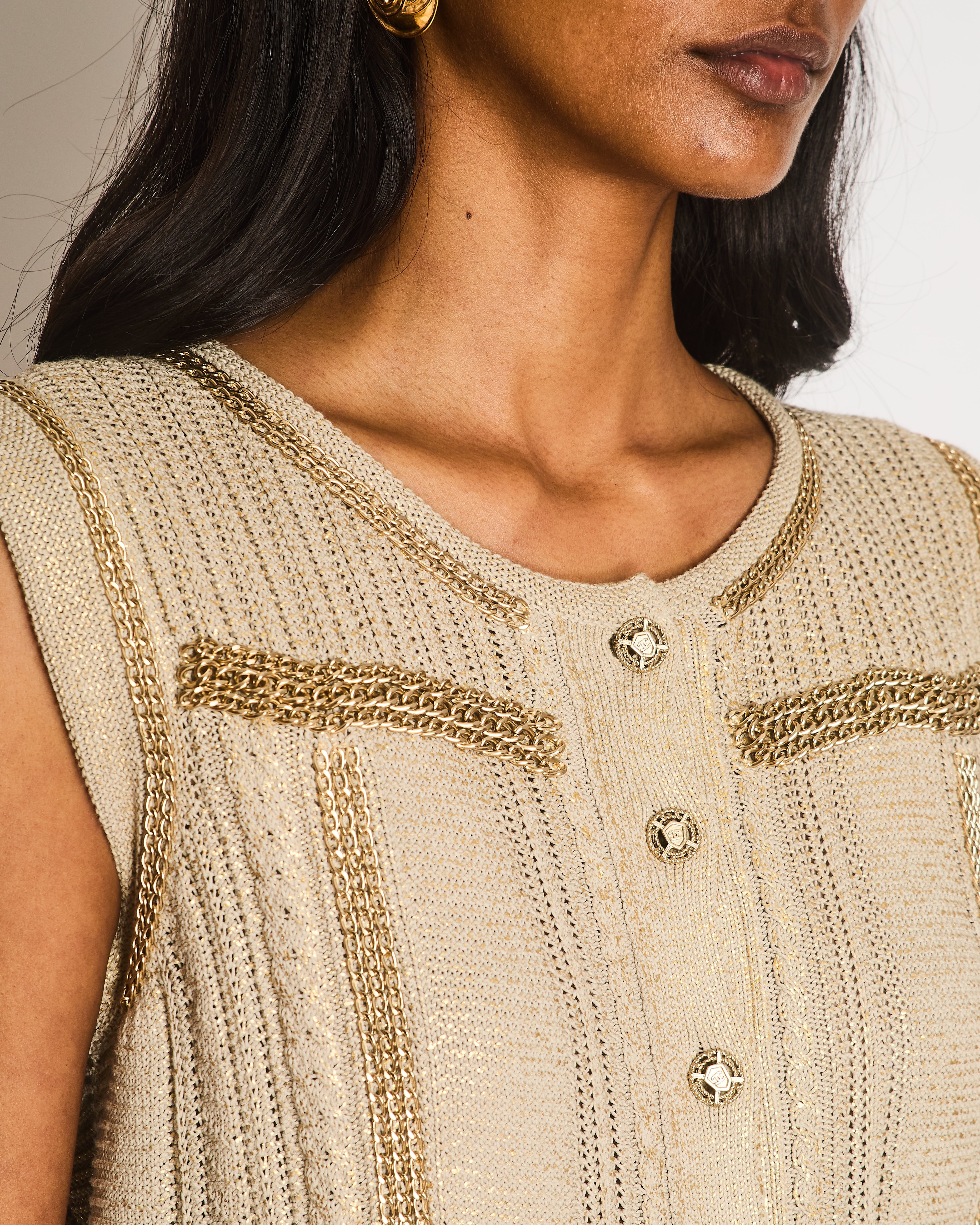 Chanel 08/P Beige Metallic Vest with Chain Trim Detail Size FR 42 (UK 14)