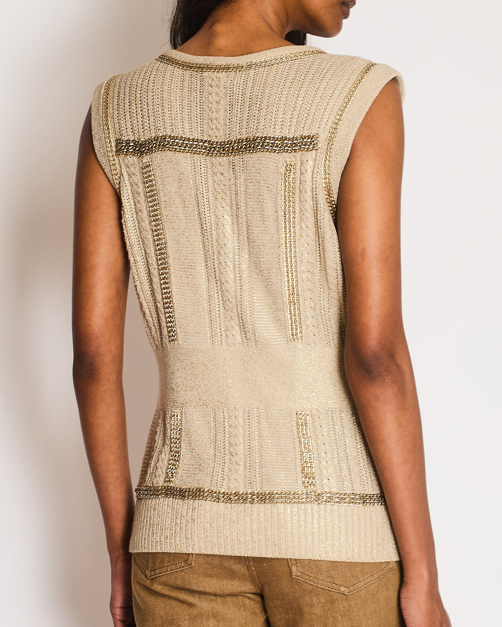 Chanel 08/P Beige Metallic Vest with Chain Trim Detail Size FR 42 (UK 14)