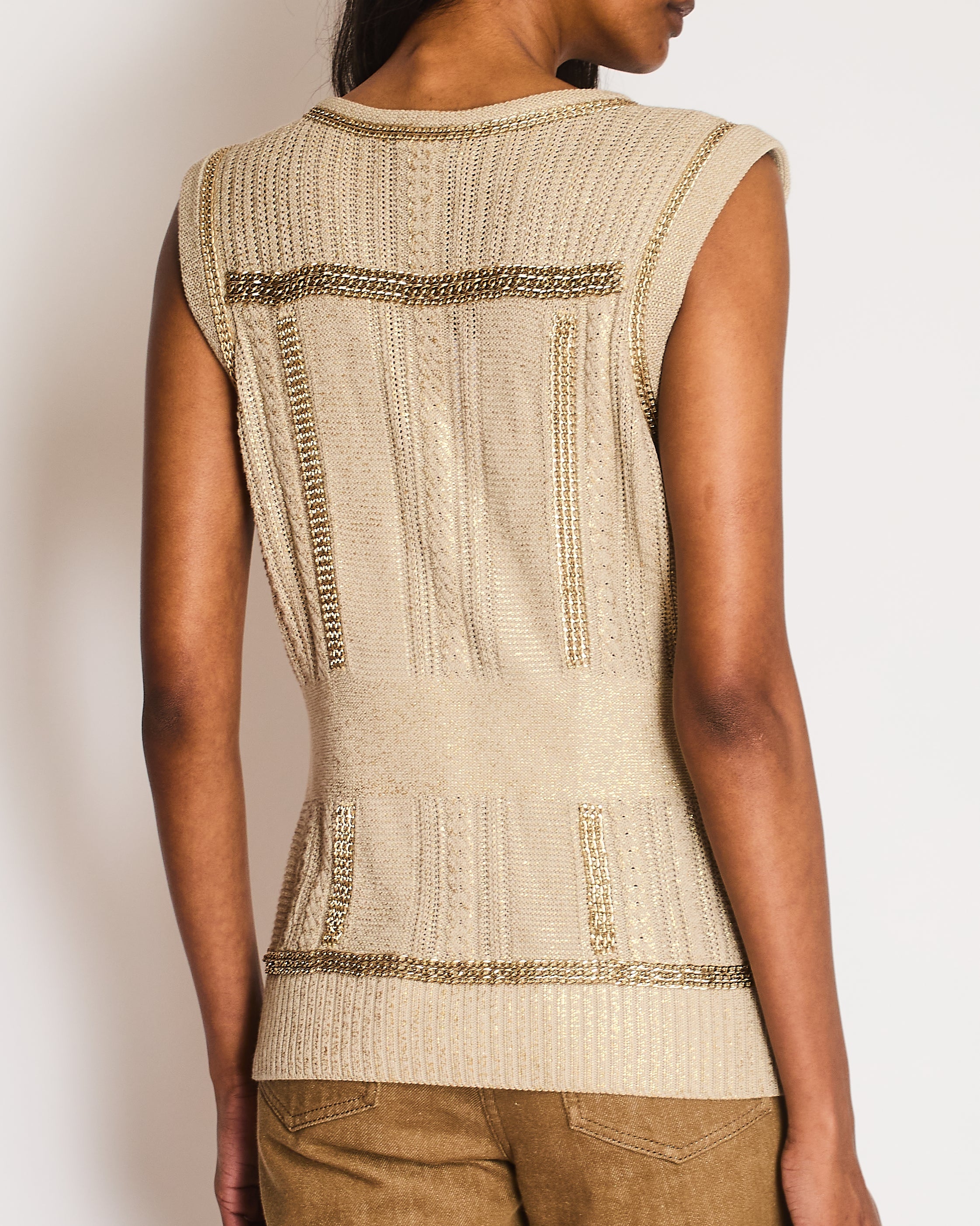 Chanel 08/P Beige Metallic Vest with Chain Trim Detail Size FR 42 (UK 14)