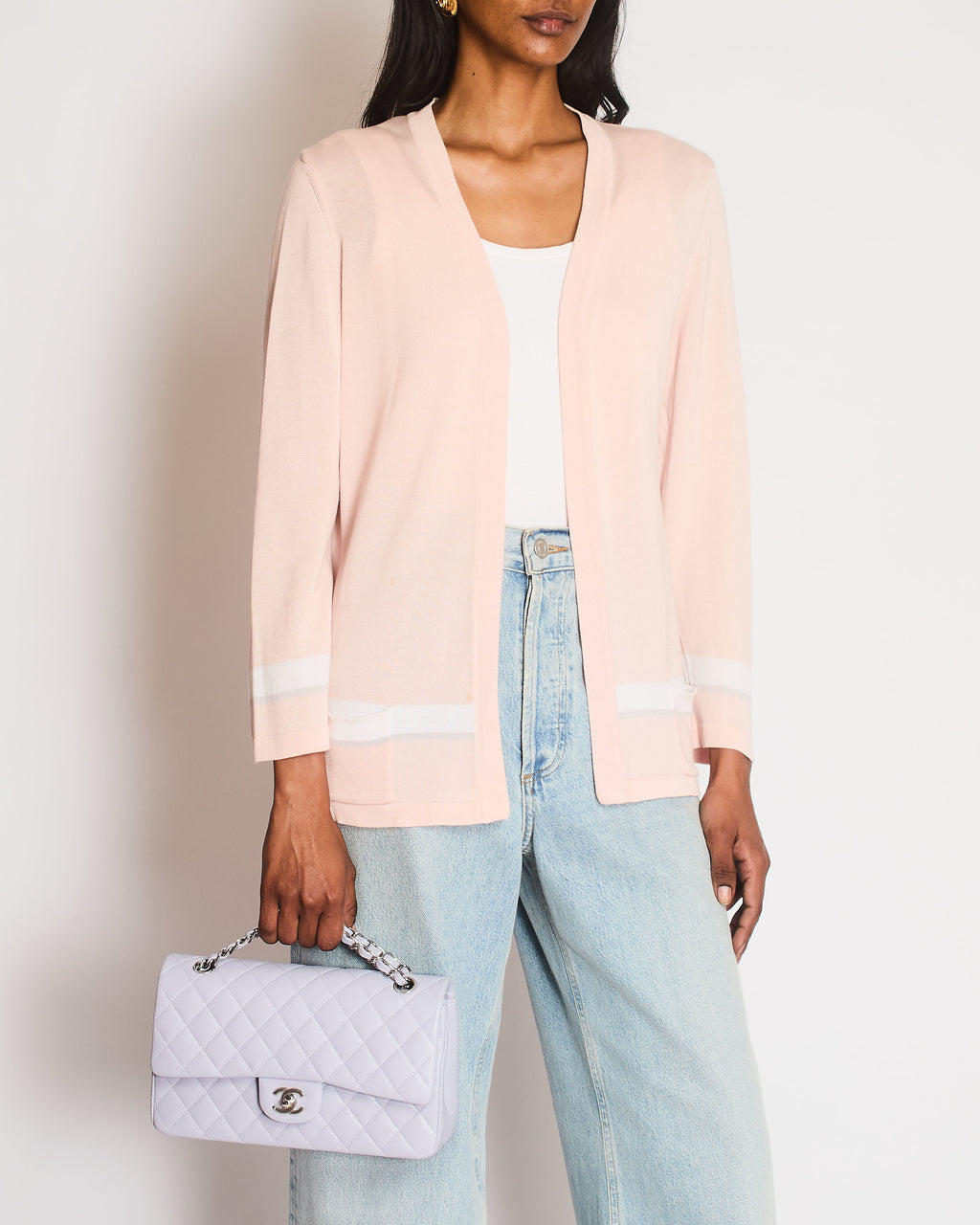 Chanel 08/P Pink Long Sleeve Cardigan with White and Grey Stripe Detail Size FR 40 (UK 12)