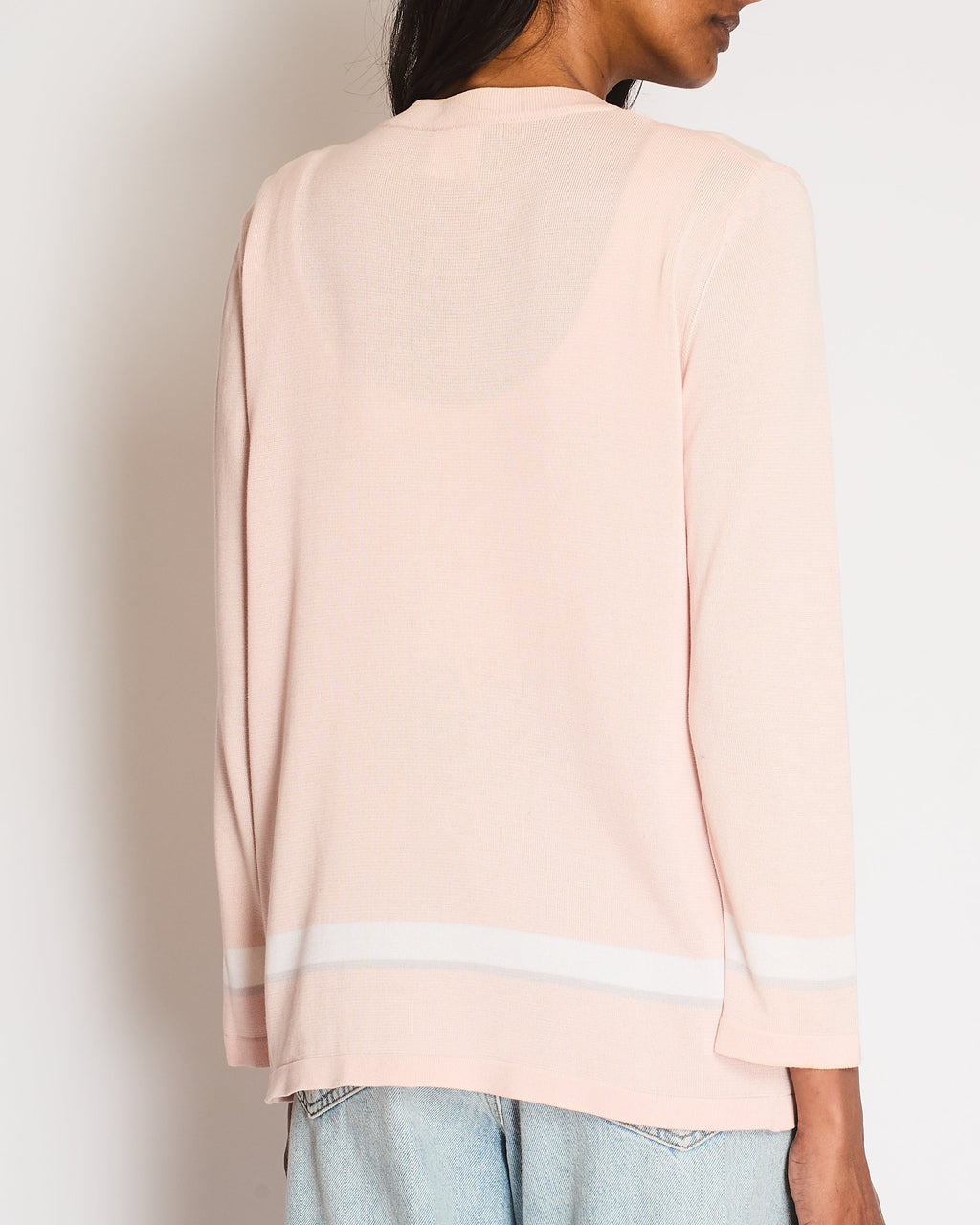 Chanel 08/P Pink Long Sleeve Cardigan with White and Grey Stripe Detail Size FR 40 (UK 12)