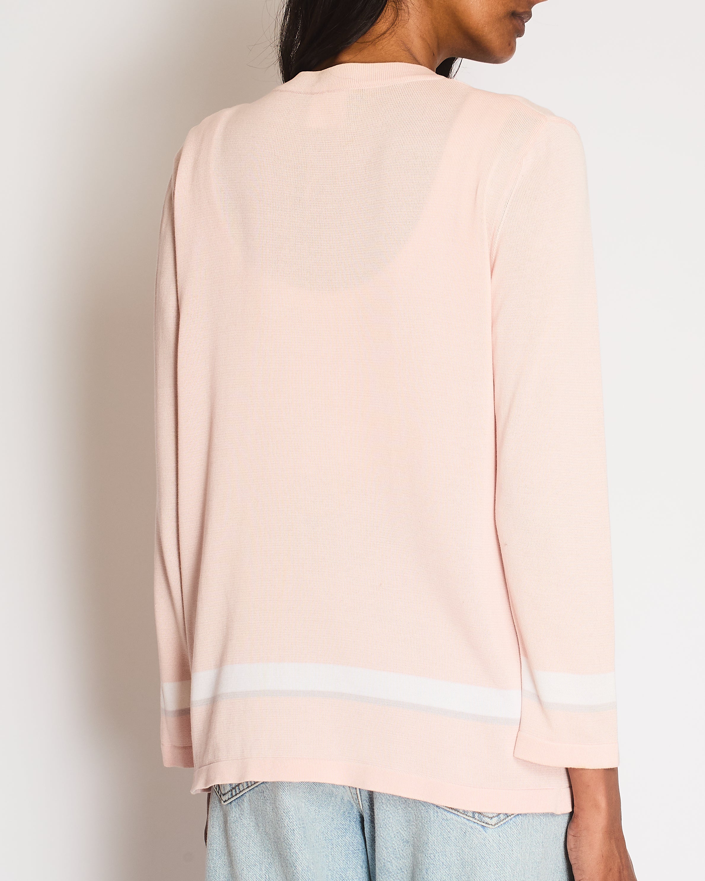 Chanel 08/P Pink Long Sleeve Cardigan with White and Grey Stripe Detail Size FR 40 (UK 12)