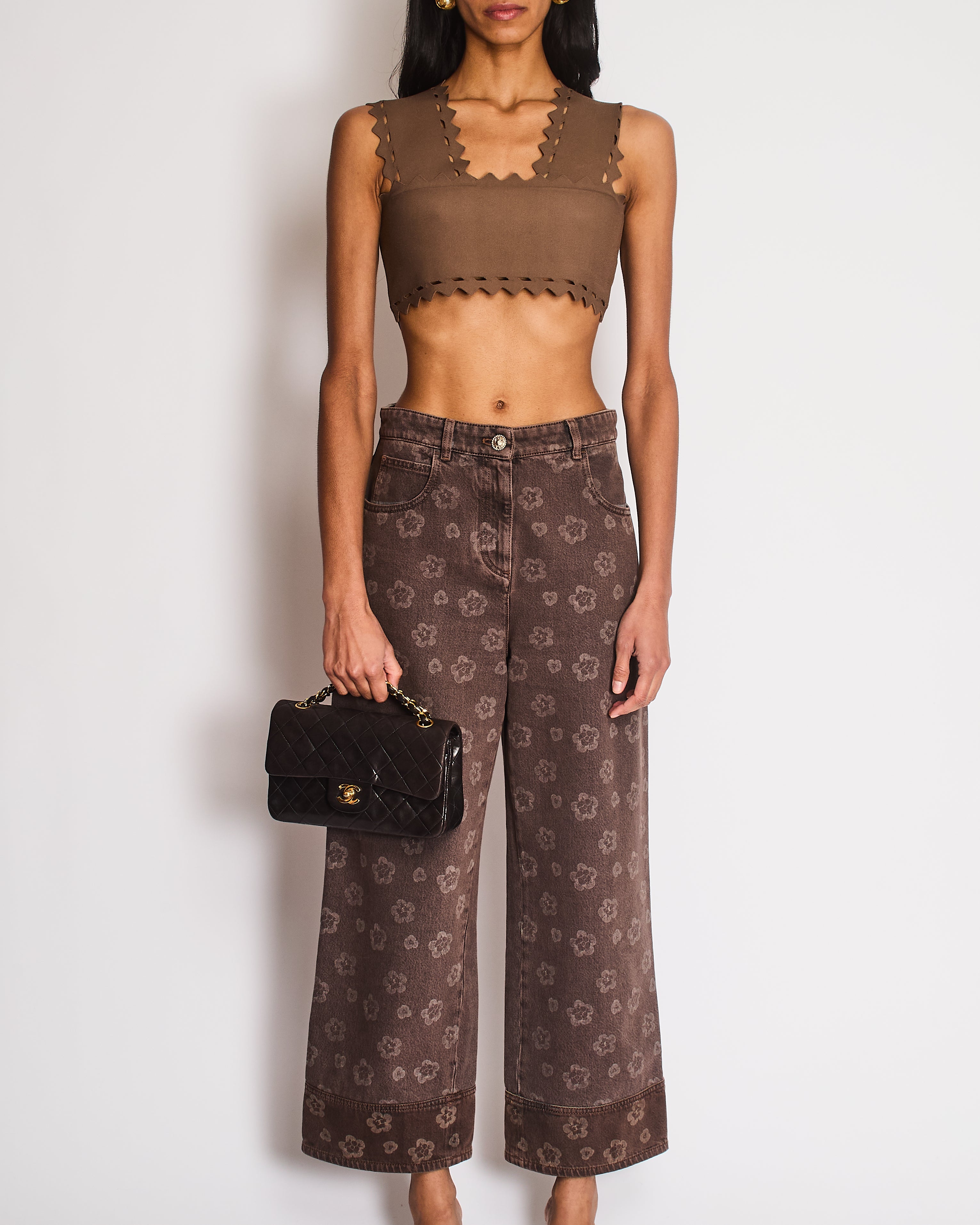 Chanel 25 Metiers D'Art Grey Wide-Leg Jeans with Flower Prints and Silver Lion Button Detail Size FR 38 (UK 10)