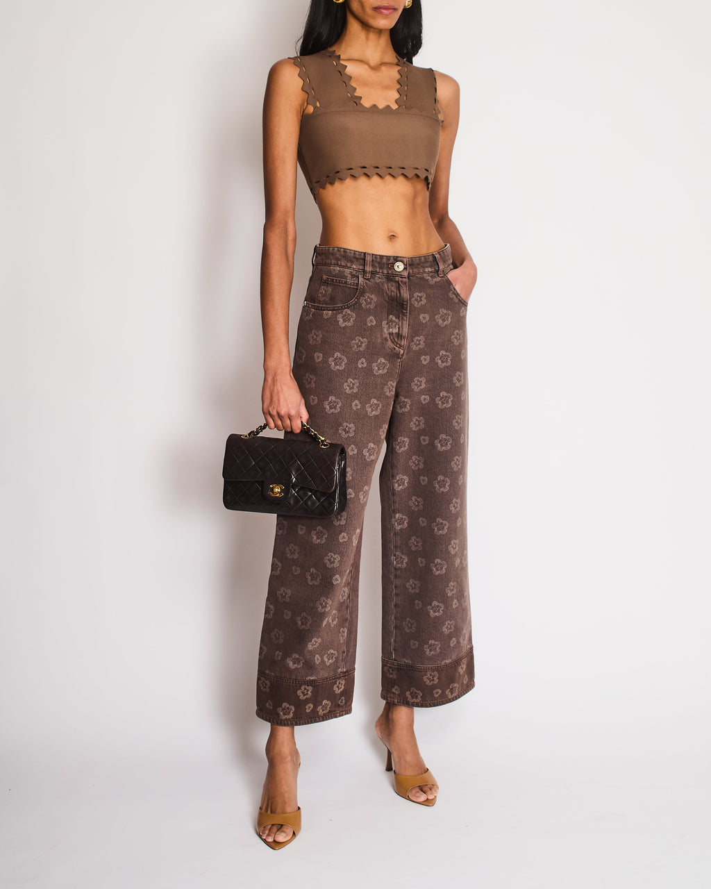 Chanel 25 Metiers D'Art Grey Wide-Leg Jeans with Flower Prints and Silver Lion Button Detail Size FR 38 (UK 10)