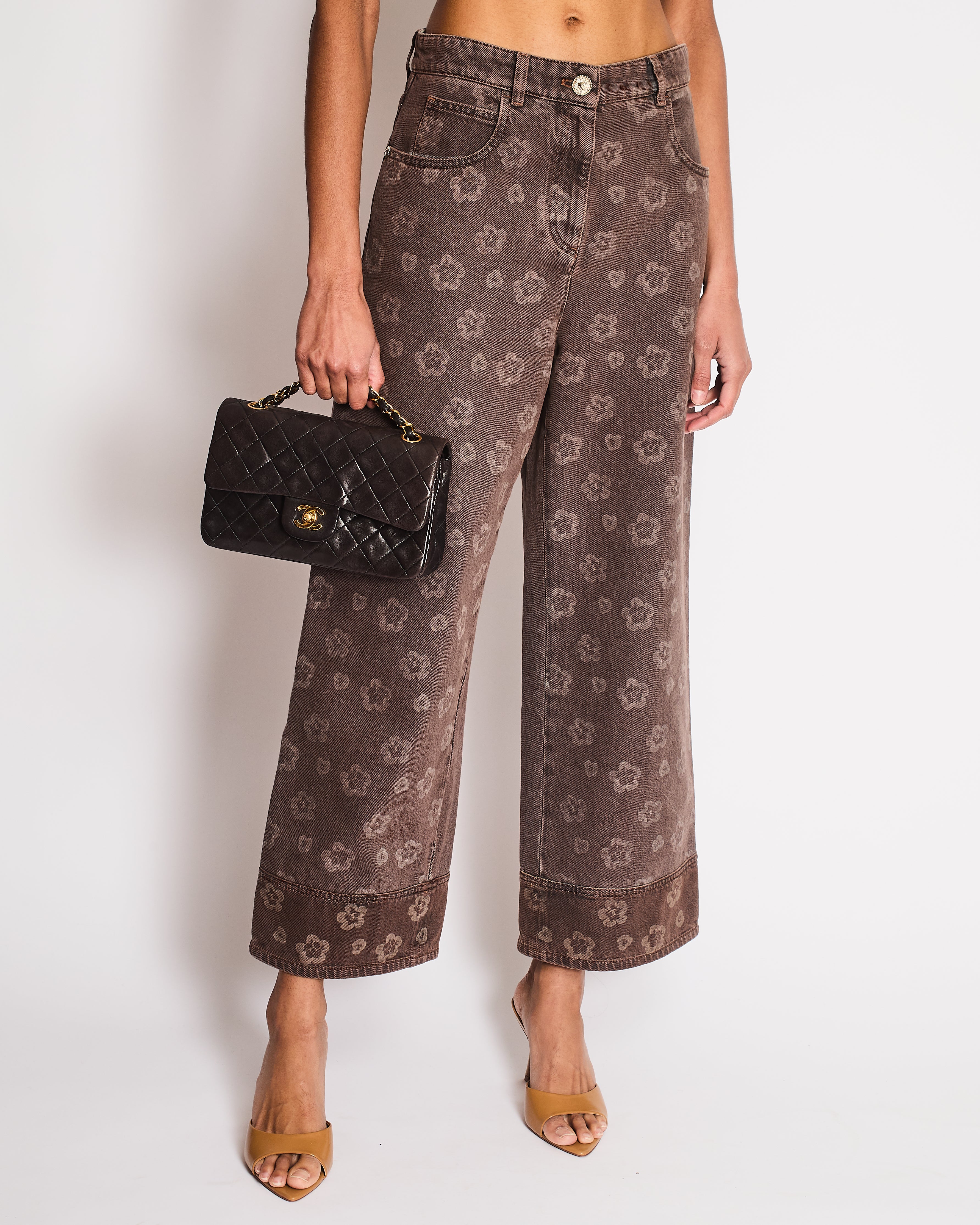 Chanel 25 Metiers D'Art Grey Wide-Leg Jeans with Flower Prints and Silver Lion Button Detail Size FR 38 (UK 10)