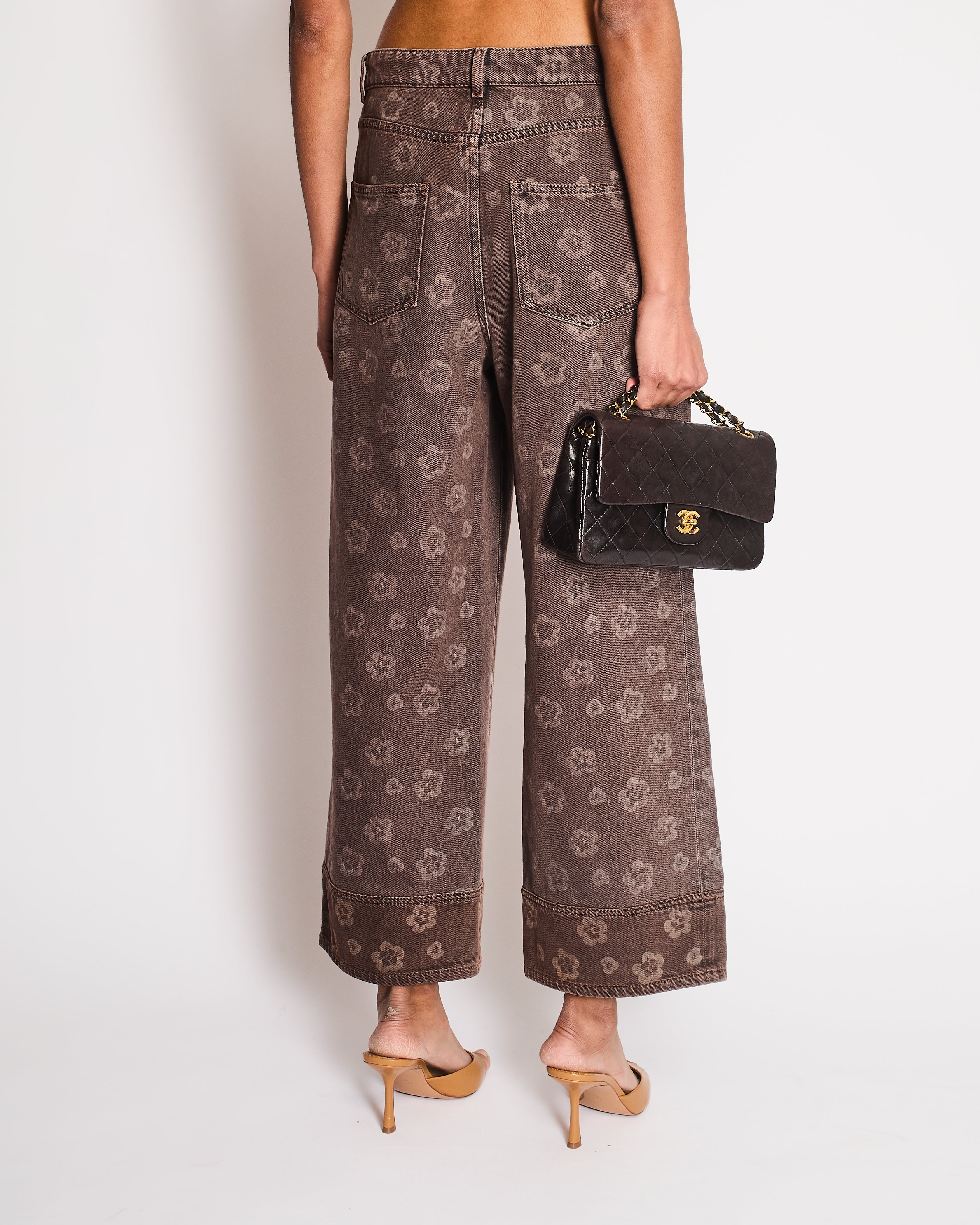 Chanel 25 Metiers D'Art Grey Wide-Leg Jeans with Flower Prints and Silver Lion Button Detail Size FR 38 (UK 10)