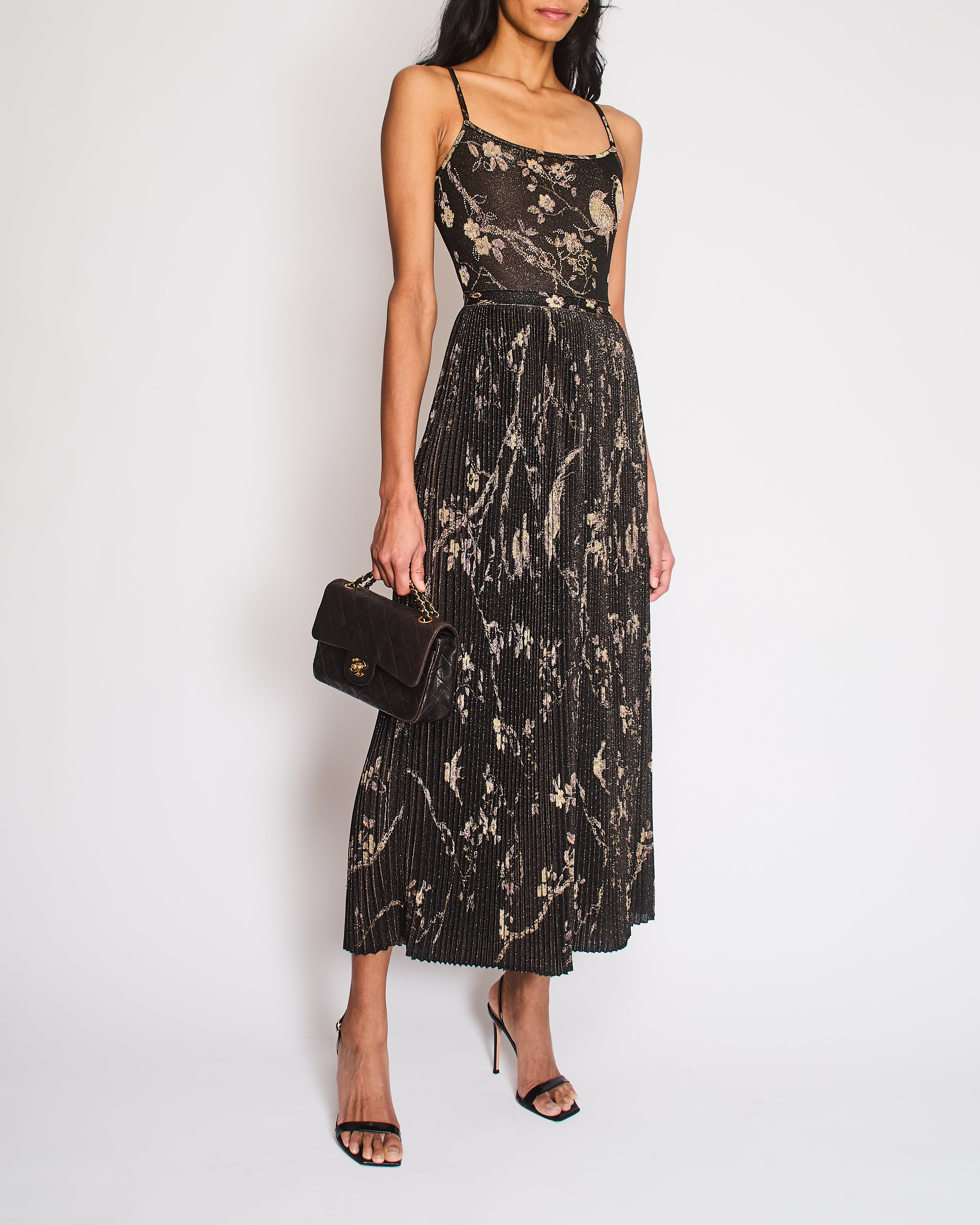 Chanel Pre-Fall 2025 Black Floral Embellished Pleated Strap Dress with CC Logo Detail Size FR 34 (UK 6)