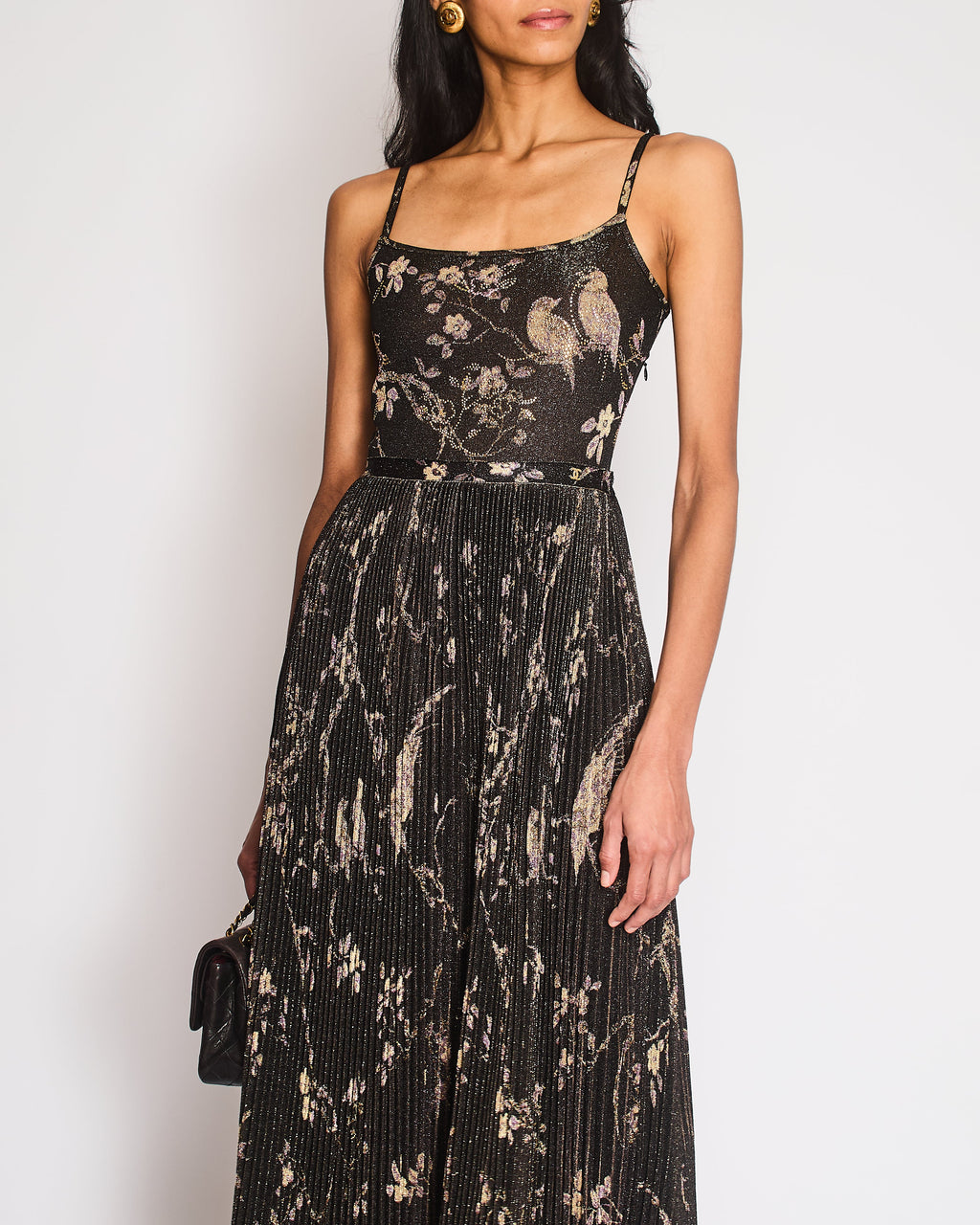 Chanel Pre-Fall 2025 Black Floral Embellished Pleated Strap Dress with CC Logo Detail Size FR 34 (UK 6)