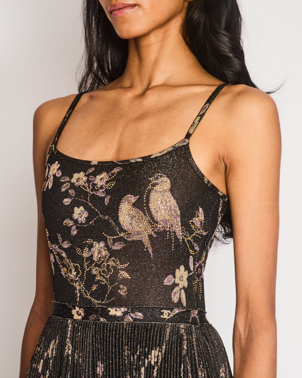 Chanel Pre-Fall 2025 Black Floral Embellished Pleated Strap Dress with CC Logo Detail Size FR 34 (UK 6)