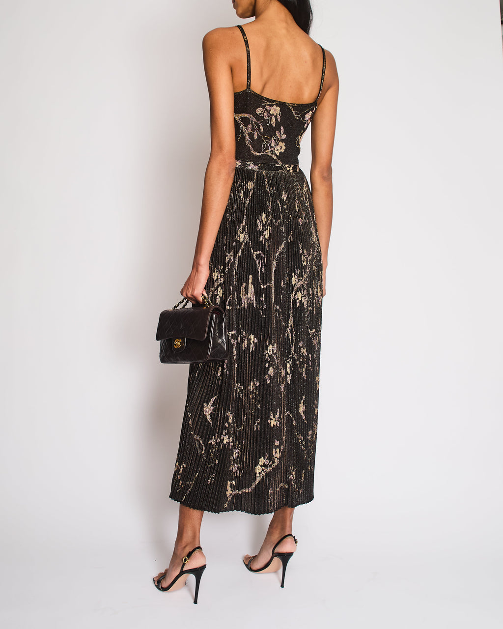 Chanel Pre-Fall 2025 Black Floral Embellished Pleated Strap Dress with CC Logo Detail Size FR 34 (UK 6)