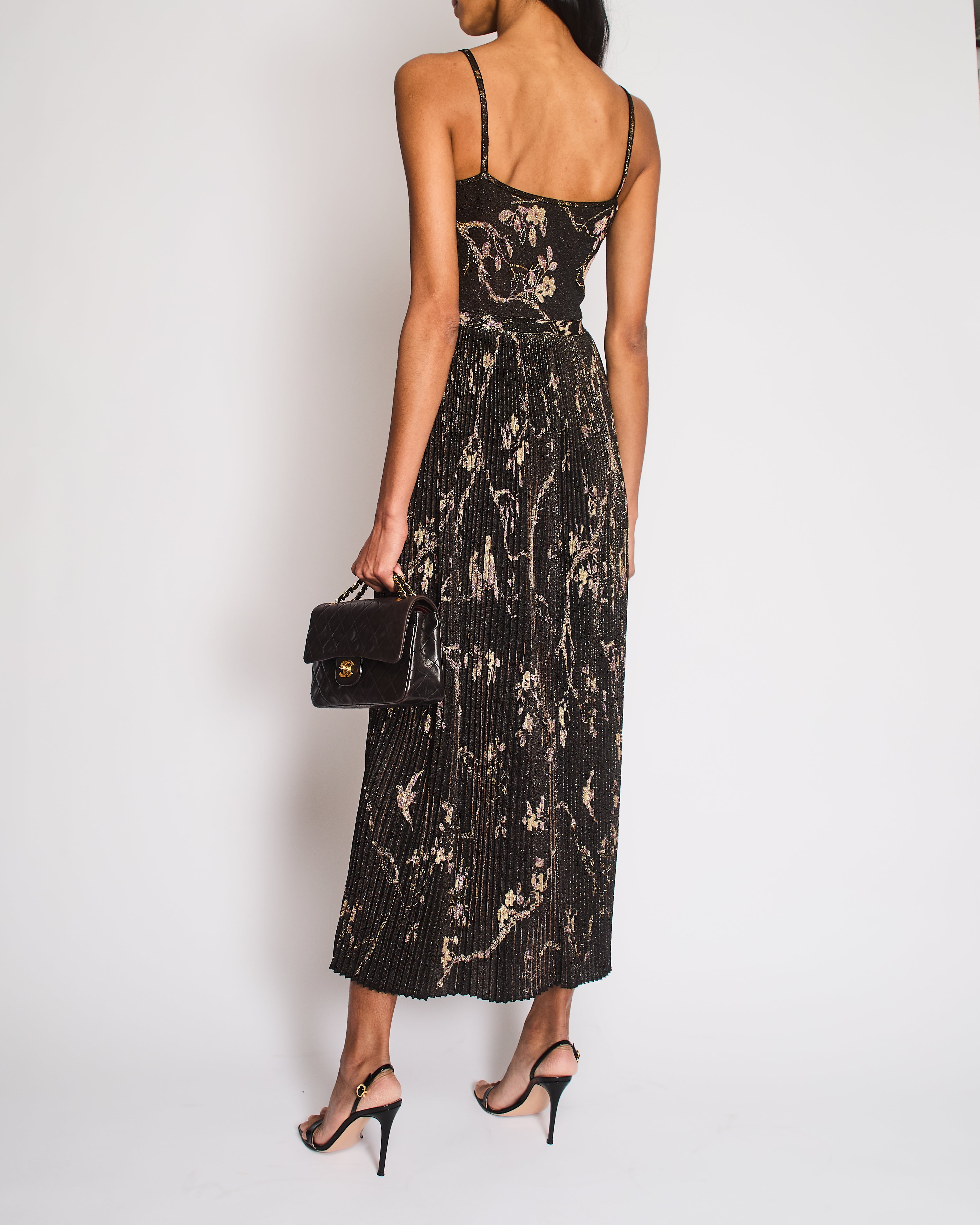 Chanel Pre-Fall 2025 Black Floral Embellished Pleated Strap Dress with CC Logo Detail Size FR 34 (UK 6)